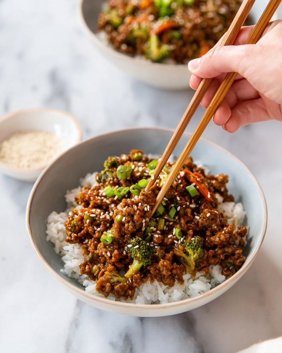 A white bowl filled with two main layers: the bottom layer is soft white rice, and the top layer has a mix of cooked ground meat with small, chopped broccoli and carrot pieces, all covered in a shiny brown sauce sprinkled with white sesame seeds and green chopped scallions. A woman's hand is holding wooden chopsticks picking up some of the meat and vegetables from the bowl. Another similar bowl is slightly blurred in the background on a white marbled surface, along with a small white bowl of white sesame seeds. Photo taken with an iphone --ar 4:5 --v 7