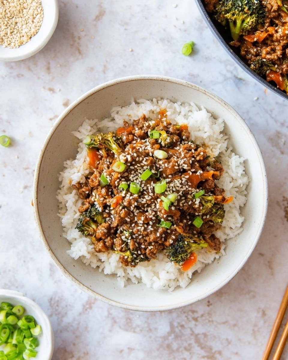 A black cast iron pan filled with cooked ground meat mixed with small green broccoli pieces and thin orange carrot strips, all coated in a glossy brown sauce that spreads evenly across the bottom. A woman’s hand is holding a wooden spoon stirring the mixture, visible in the left bottom area of the pan. The pan rests on a white marbled surface. photo taken with an iphone --ar 4:5 --v 7