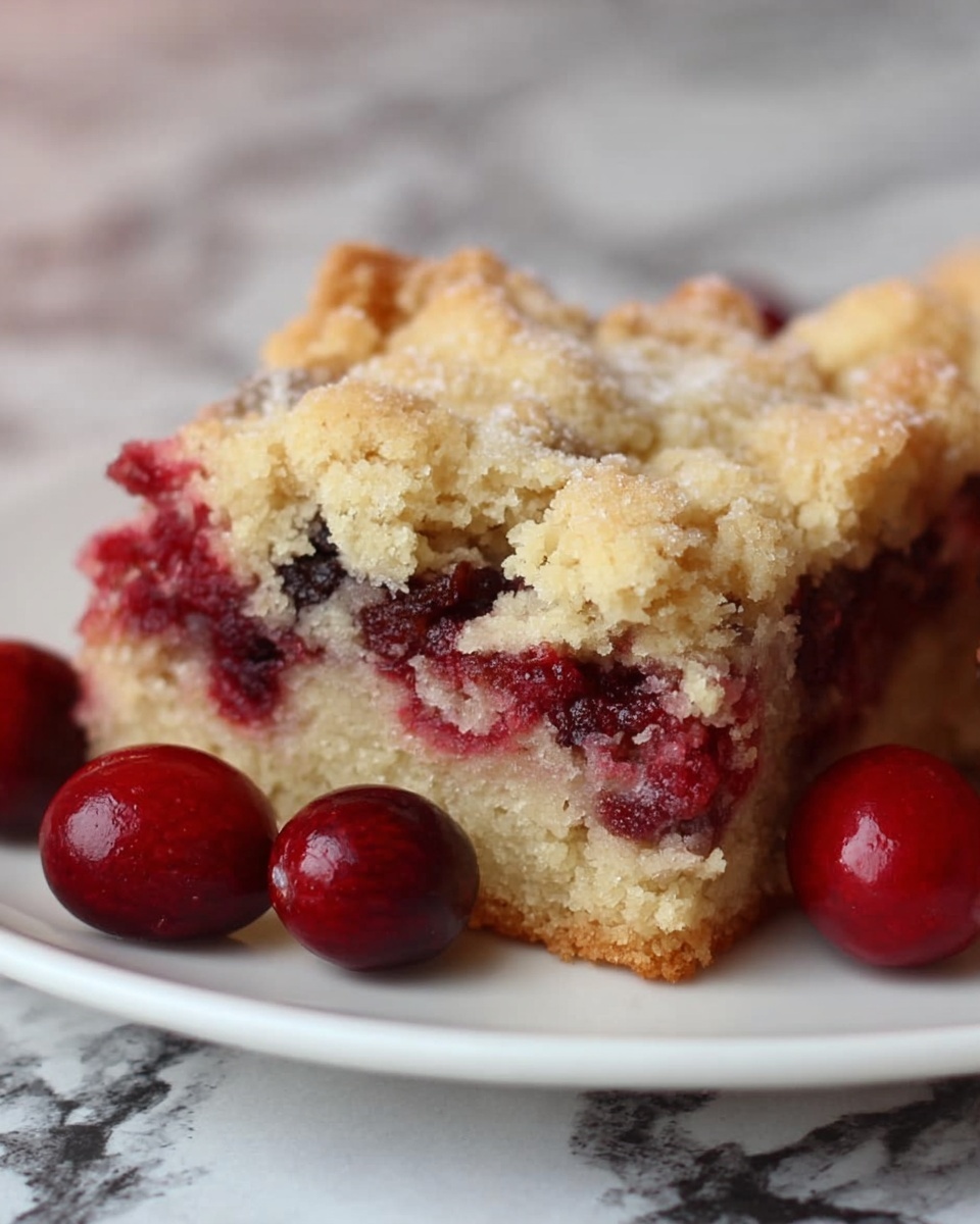 The image shows three thick square pieces of cake stacked on a white plate, each piece with a golden brown crust and a soft inside filled with a layer of bright red berries scattered through the middle. The cake has a lightly crumbly texture on top with a few rounded bumps, while the inside looks moist and light yellow. Around the white plate, there are whole red berries adding a fresh vibrant touch. The background is a white marbled surface, giving a clean and bright look to the scene. photo taken with an iphone --ar 4:5 --v 7