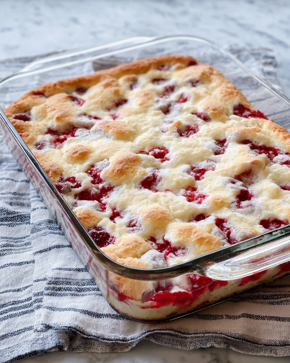 The image shows a close-up of a square piece of fruit cake with three visible layers. The bottom layer is light brown and crumbly, acting as a base. The middle layer contains mixed red and dark berries, giving it a juicy, textured look. The top layer is a golden, slightly puffy crust with a rough surface. A few whole red berries are placed around the piece on a white plate. The background has a white marbled texture. photo taken with an iphone --ar 4:5 --v 7