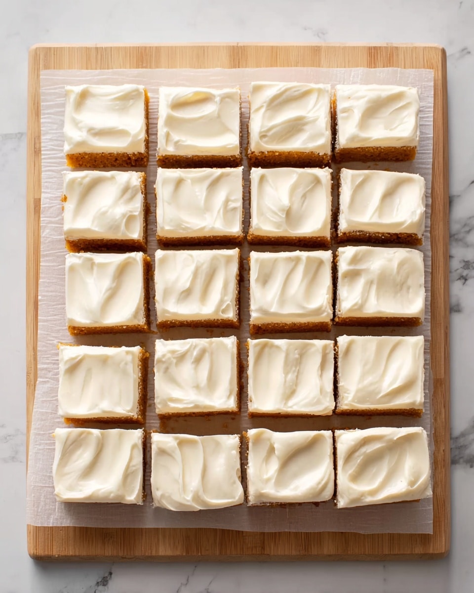 The image shows twenty-four rectangular pieces of cake arranged in a 4 by 6 grid on white parchment paper. Each cake piece has two visible layers: a dense, golden brown base and a thick, smooth, creamy white frosting spread evenly on top. The cakes are placed on a light wooden cutting board, which rests on a white marbled surface. The frosting has soft swirls on each piece, giving it a gentle texture. photo taken with an iphone --ar 4:5 --v 7
