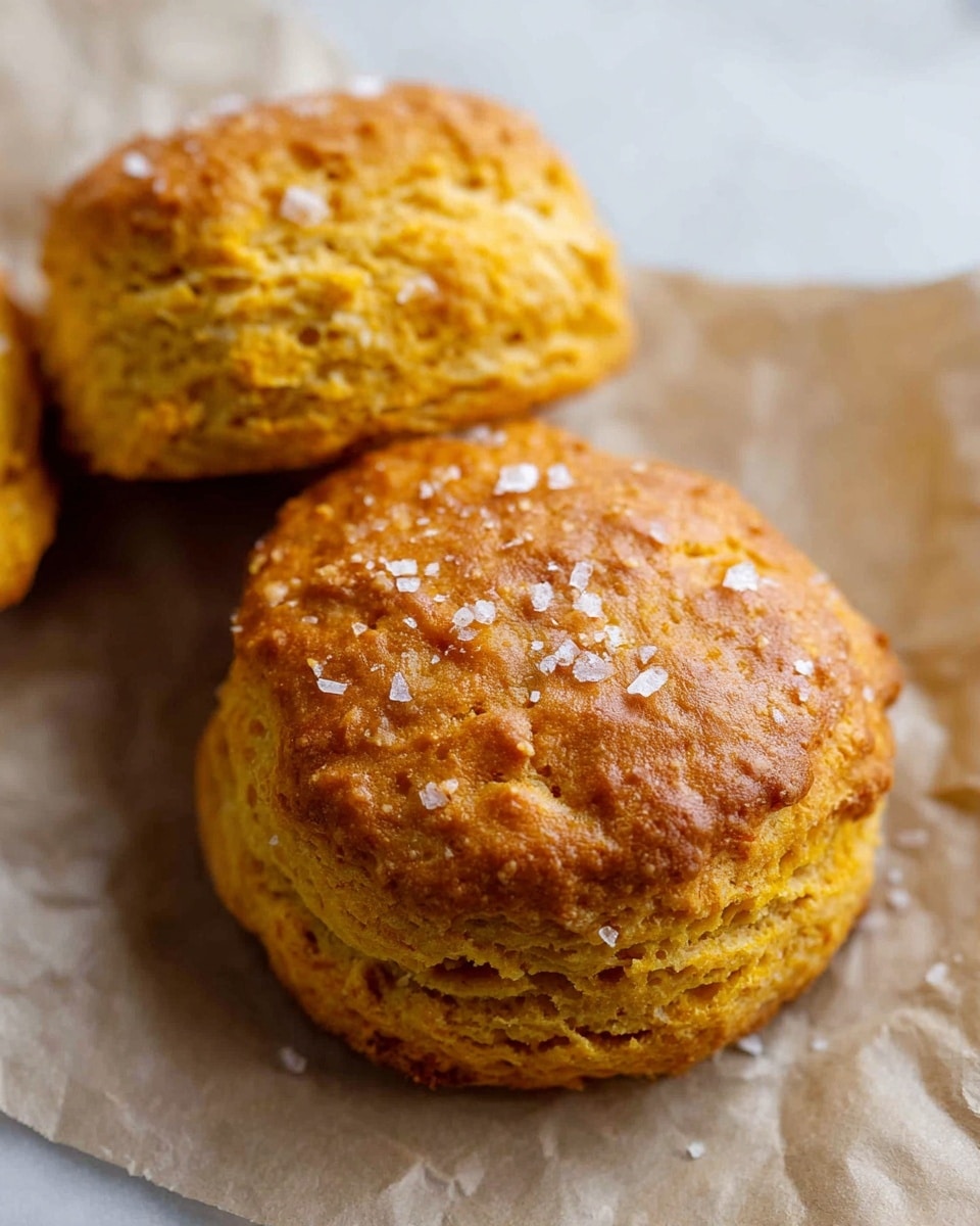 The image shows three round, golden brown biscuits with a slightly rough and crumbly texture, sitting on light brown parchment paper on a baking tray. The biscuits have a rustic look with coarse salt crystals sprinkled on top, adding a touch of white contrast to the warm orange and golden hues. The edges of the biscuits display a layered, flaky texture, indicating multiple soft layers inside. The background surface is changed to a white marbled texture, enhancing the warm tones of the biscuits. photo taken with an iphone --ar 4:5 --v 7