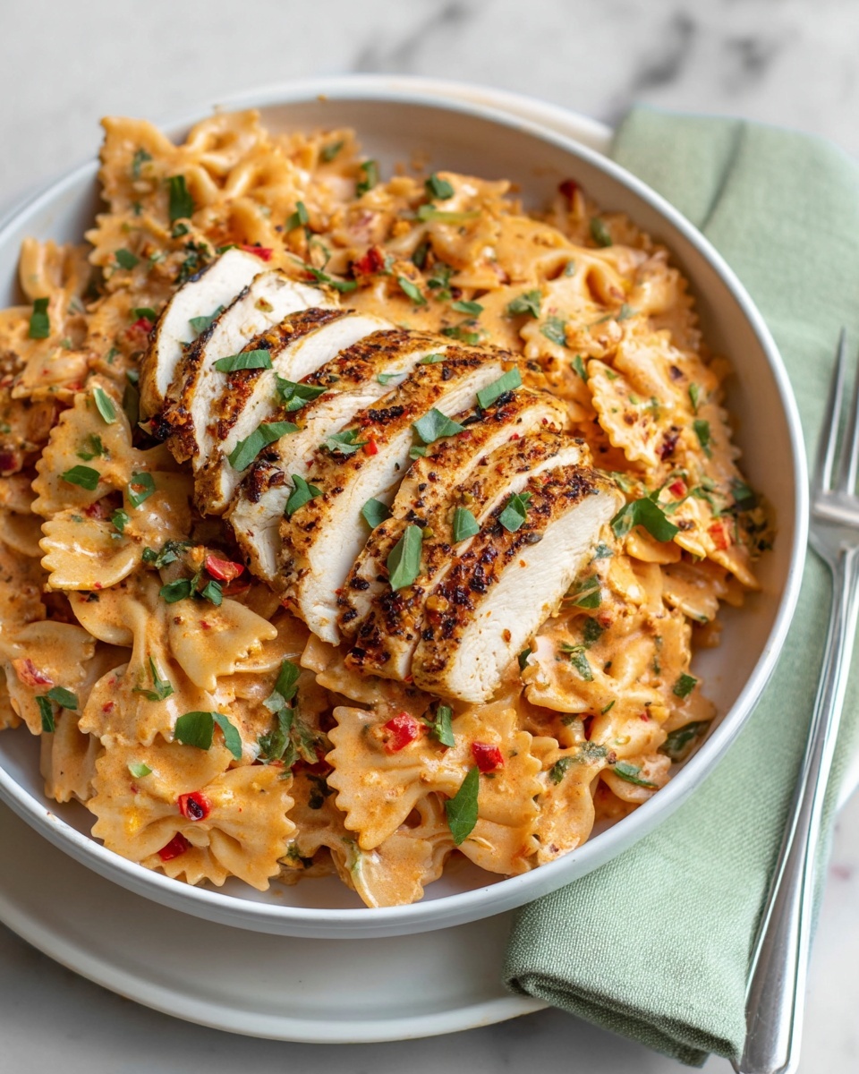 A white bowl filled with creamy orange-colored farfalle pasta layered with visible small pieces of vegetables and herbs, topped with two neat rows of sliced grilled chicken that have light brown grill marks and a white interior. The chicken slices rest neatly on top in the middle, while green herb leaves are scattered across the pasta for garnish. The bowl sits on a white plate with a fork on a folded green napkin beside it, all placed on a white marbled surface. photo taken with an iphone --ar 4:5 --v 7
