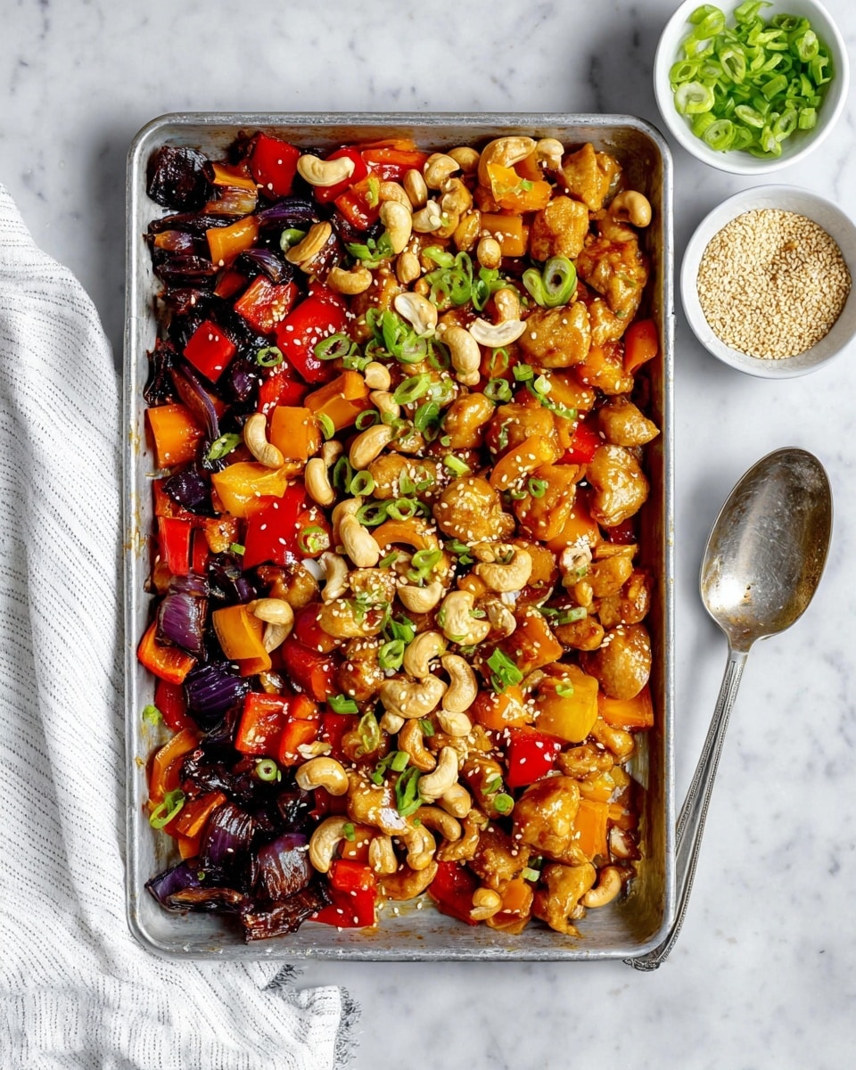 A silver baking tray filled with three layers of food: the bottom layer is a mix of red and orange bell peppers and dark purple onion pieces, all cooked and slightly shiny; the middle layer is made of golden to light brown cooked chicken chunks, scattered evenly; the top layer consists of small light brown cashew nuts, white sesame seeds, and green chopped spring onions sprinkled all over. A silver spoon rests on the right side of the tray, and there are two small white bowls with green spring onions and sesame seeds above the tray. The tray is on a white marbled surface with a white and gray striped cloth on the left side. Photo taken with an iphone --ar 4:5 --v 7