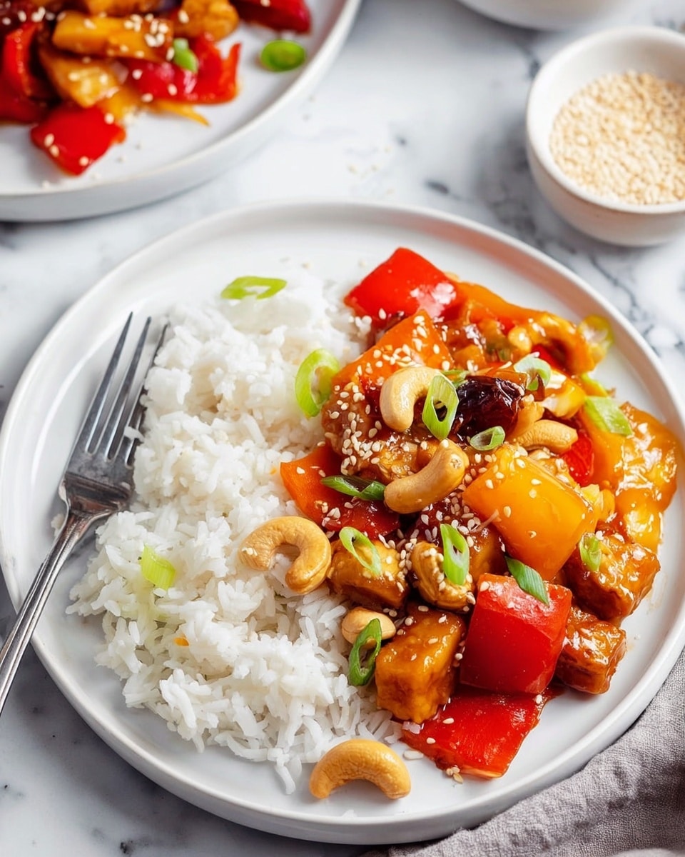 A white round plate sits on a white marbled surface, filled halfway with fluffy white rice showing a soft, slightly sticky texture. On top and to one side of the rice lies a colorful stir-fry, made up of glossy chunks of orange and red bell peppers, golden-brown cashew nuts, small pieces of browned tofu or chicken, and thin slices of green onions scattered on top. The stir-fry is coated with a shiny sauce and sprinkled with white sesame seeds. A silver fork rests on the left side of the plate with its tines pointing into the rice. In the blurred background, part of another plate with the same dish and a small white bowl filled with sesame seeds can be seen. photo taken with an iphone --ar 4:5 --v 7