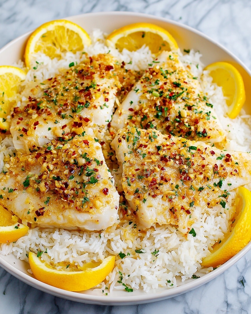 A white plate holds a bed of fluffy white rice as the bottom layer. On top, there are four pieces of cooked fish fillets with a light golden-brown color, each sprinkled with finely chopped garlic, red pepper flakes, and green herbs, giving a textured and colorful surface. Around the fish and rice, bright yellow lemon slices and wedges are placed, adding fresh, vibrant accents. The whole dish sits on a white marbled surface. Photo taken with an iphone --ar 4:5 --v 7