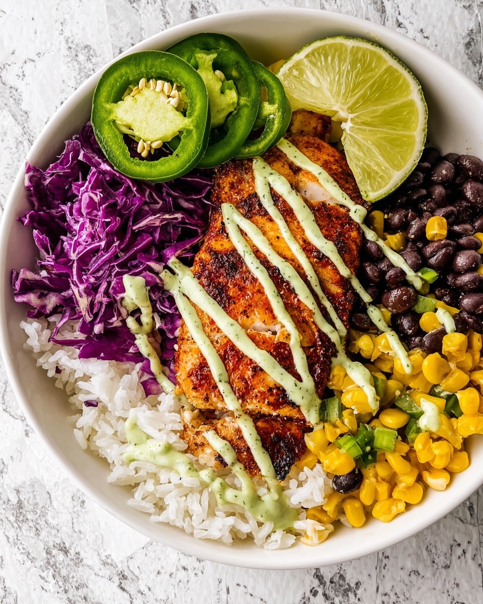 A white bowl holds a colorful dish with six main layers. At the bottom right is a fluffy layer of white rice with some black pepper sprinkled on top. Next to the rice, toward the right center, are small cubes of light green avocado. Behind the avocado is a pile of bright red diced tomatoes. On the far left side, there is a mix of black beans, yellow corn, and bits of green bell pepper and red onion. In front of the beans and corn on the left bottom corner is a layer of thin, shredded purple cabbage. The top center of the dish has a large, grilled piece of salmon, showing a golden brown crust and slight char marks. The salmon is topped with thin zigzag lines of pale green creamy sauce and garnished with small green herbs. Two thin lemon slices sit as garnish at the back of the salmon. The whole bowl is placed on a white marbled surface. Photo taken with an iphone --ar 4:5 --v 7