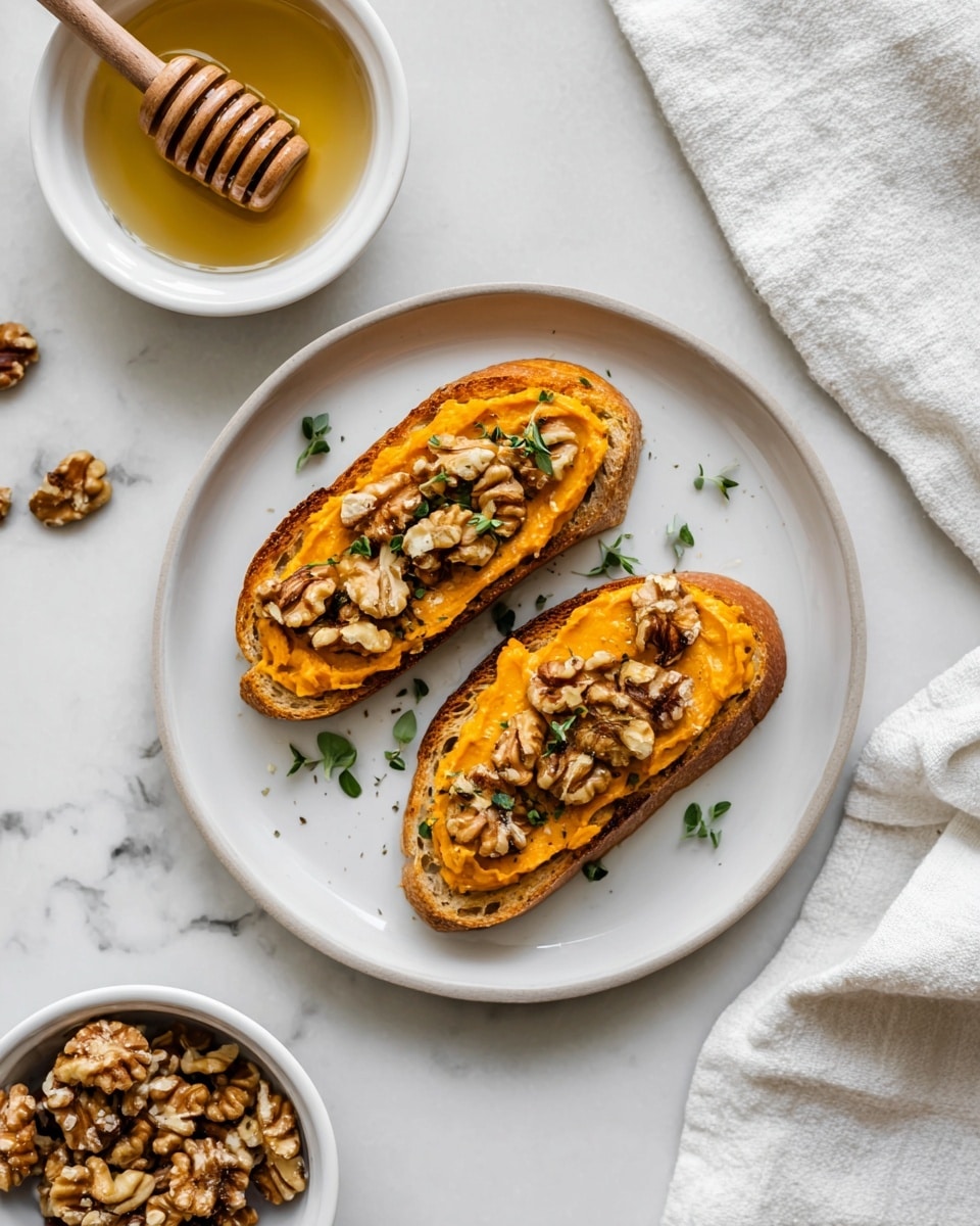 A white bowl filled with smooth, creamy orange hummus swirled in a circular pattern, topped with a handful of chopped brown walnuts and small green herb leaves scattered on top. The bowl sits on a white marbled surface with a white cloth nearby, pieces of bread on a wooden board in the background, and small white bowls containing herbs and walnuts around it. photo taken with an iphone --ar 4:5 --v 7