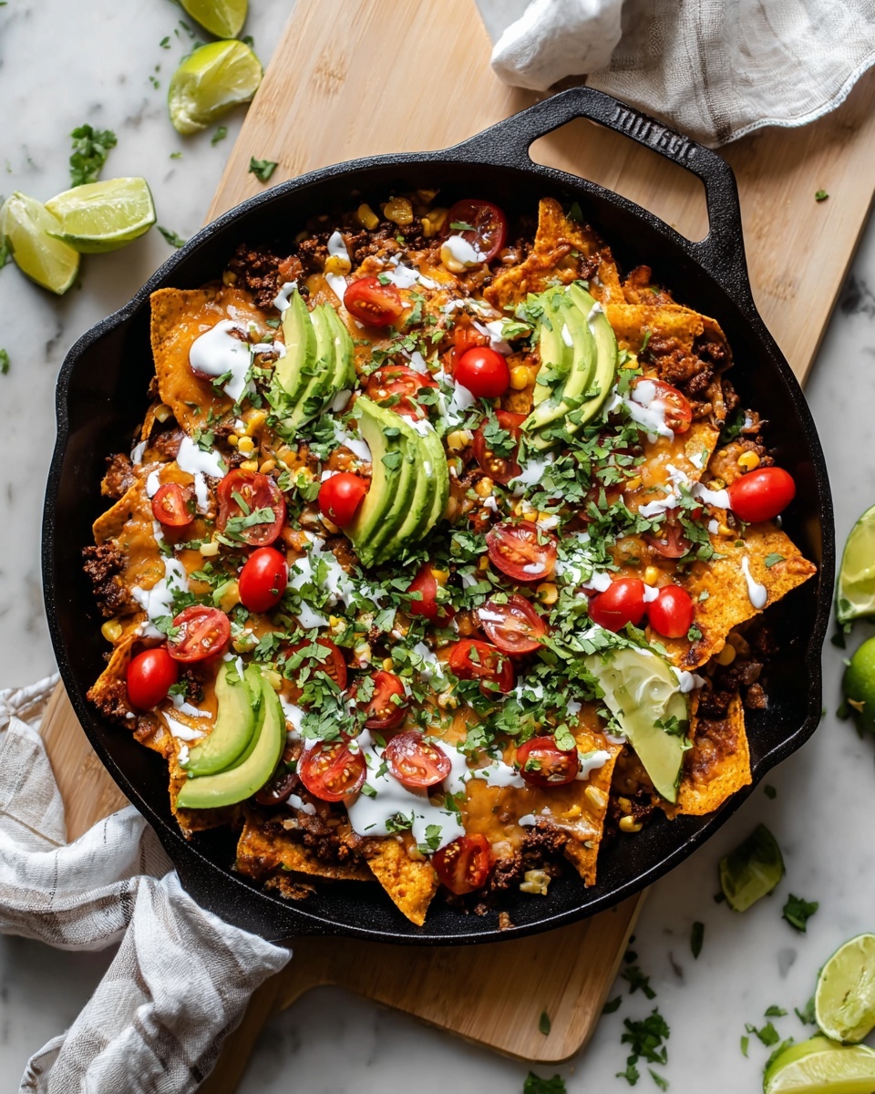 A white speckled bowl filled with layered chili nachos, starting with a base of crispy light orange tortilla chips mixed with chunky cooked ground meat and black beans, scattered yellow corn kernels, and small melted cheese patches. Fresh quartered red cherry tomatoes and bright green sliced scallions are spread through the layers. On top, there is a large quarter slice of bright green avocado, a lime wedge with black pepper, and chopped fresh cilantro. White creamy dressing is drizzled over the dish, sitting on a white marbled surface with a striped gray cloth and silver fork on the side. photo taken with an iphone --ar 4:5 --v 7