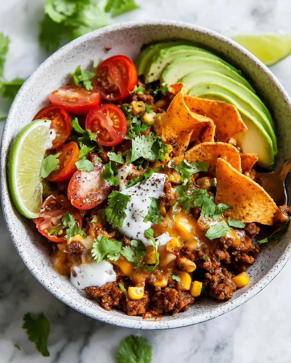 The dish is served in a white bowl with a speckled texture. The bottom layer shows browned ground meat mixed with melted cheese that has a slightly shiny, oily surface and scattered corn kernels. On top of this, there are bright red cherry tomato halves and fresh green cilantro leaves that add a fresh look. There is a single triangular tortilla chip with an orange hue placed near the center, partly covered with chopped green onions. A slice of avocado with a smooth green color sits against the side of the bowl. White sauce is drizzled over the top, adding contrast to the brighter ingredients. A lime wedge with a light yellow-green color rests on one side, sprinkled lightly with black pepper. The background and surface beneath the bowl have a white marbled texture. Photo taken with an iphone --ar 4:5 --v 7