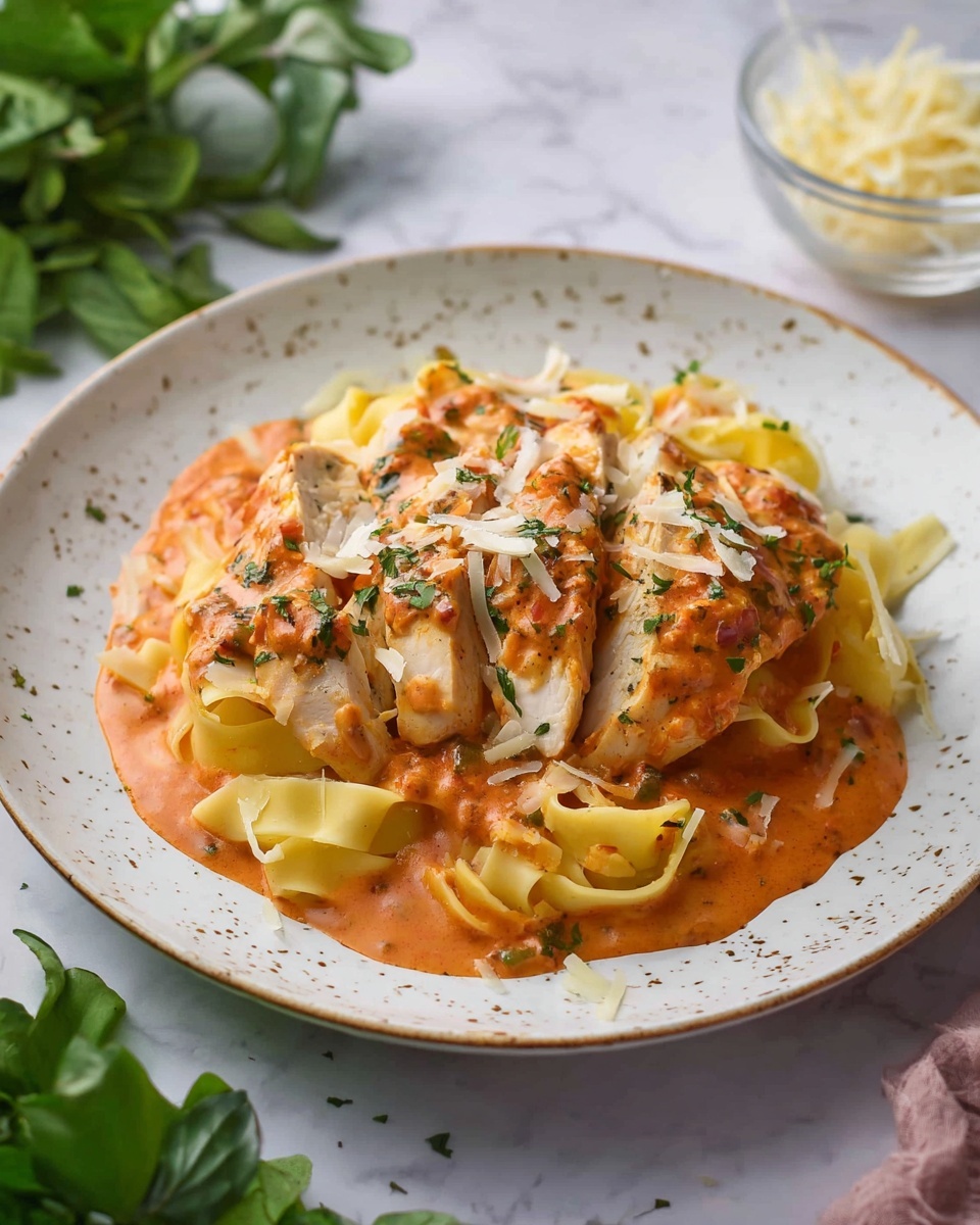 A white soup pot holds four large, soft ravioli pieces submerged in a thick, creamy orange tomato sauce with visible bits of diced tomatoes and herbs mixed in. The sauce covers most of the ravioli, leaving some edges peeking out, showing a smooth, slightly glossy texture. The dish is sprinkled with small shreds of grated Parmesan cheese and finely chopped green herbs evenly scattered over the top, adding a fresh contrast to the warm sauce. The pot sits on a white marbled surface. Photo taken with an iphone --ar 4:5 --v 7