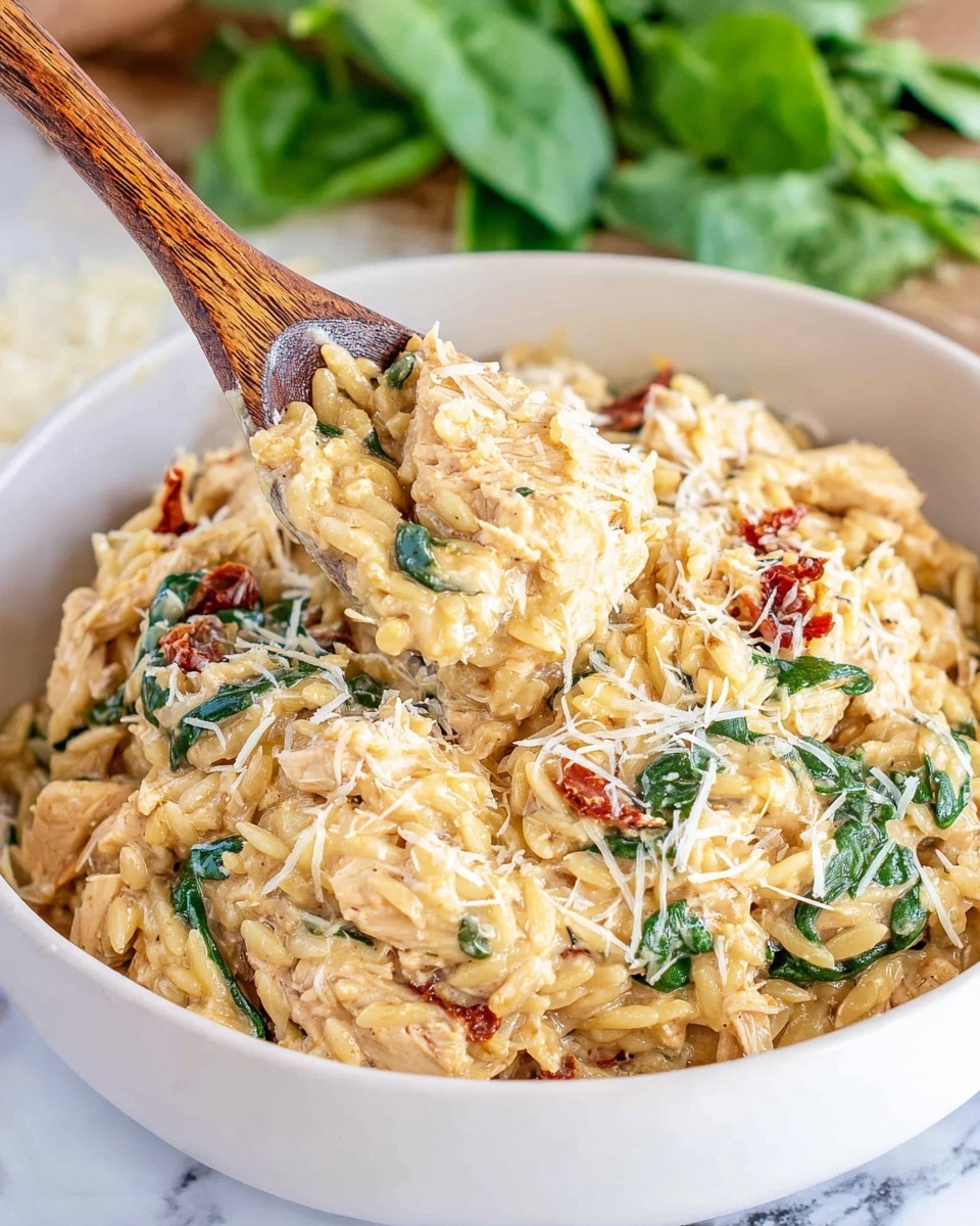A white plate holds a creamy pasta dish with three main layers visible: the base is made of short, pale yellow pasta noodles mixed with a thick off-white creamy sauce; the middle layer shows chunks of light brown cooked chicken, scattered sun-dried tomatoes in reddish-brown, and spots of dark green spinach leaves; the top layer is sprinkled with finely grated white cheese. A black and gold spoon rests inside the pasta on the right side of the plate. The plate is placed on a white marbled surface, with a piece of white bread and a gray-striped cloth nearby. Photo taken with an iphone --ar 4:5 --v 7