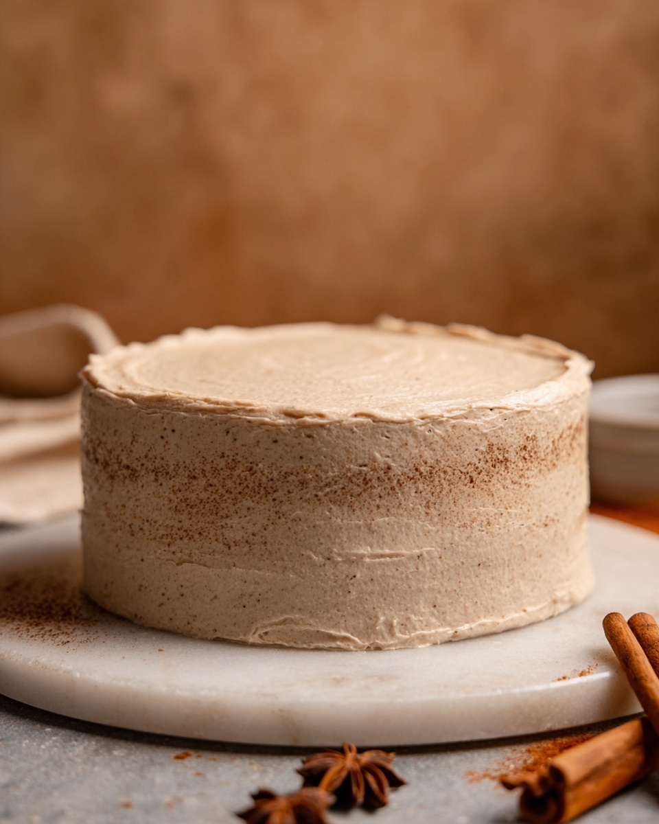 The image shows a single-layer round cake on a white marble board. The cake is covered with a smooth, light brown frosting that looks creamy. The sides of the cake have a slightly rough texture where the frosting is thin enough to see the cake beneath. In the background, there are blurred spices on the brown surface near the cake. The setting has warm lighting and a plain brownish background. photo taken with an iphone --ar 4:5 --v 7