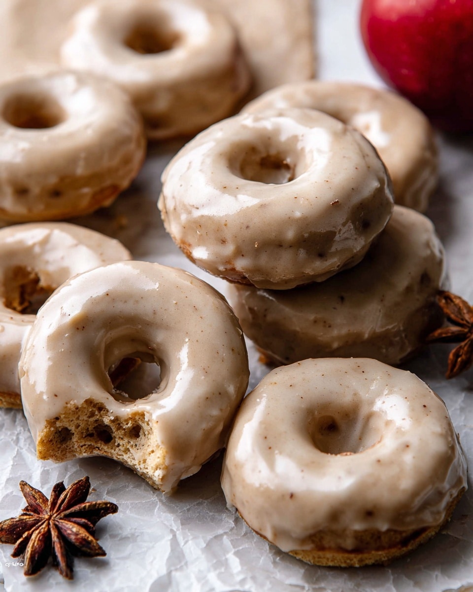 A close-up top view of several soft, round donuts topped with smooth, light beige icing, some whole and some broken showing a moist, spiced golden-brown inside with small bits. The donuts are arranged on a white marbled surface with pieces of white wax paper underneath a few of them. A shiny red and yellow apple sits near the middle, adding a pop of color. A white cup with a red rim filled with dark brown coffee is visible at the bottom right corner, along with star anise spices scattered nearby, enhancing the warm, cozy feel. Photo taken with an iphone --ar 4:5 --v 7