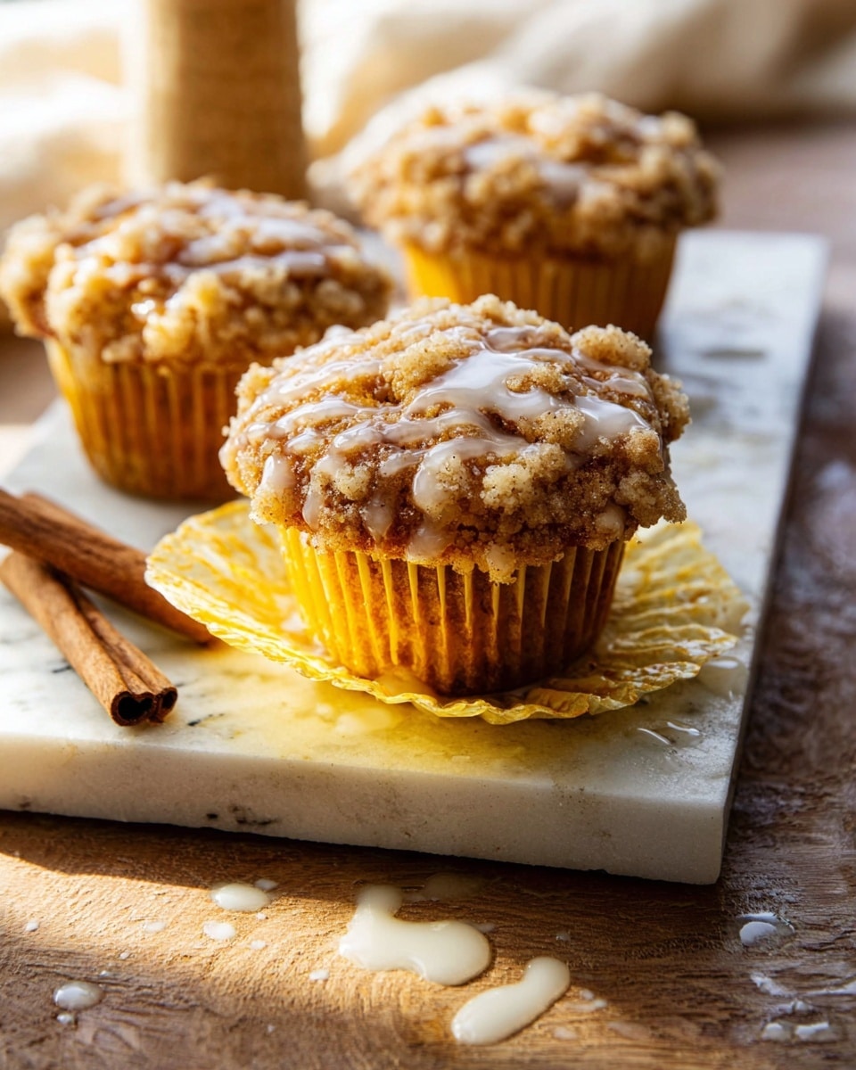 Three muffins are shown on a white marbled book-style board, each muffin topped with a crumbly golden brown streusel layer that looks slightly crispy and textured. The muffins have a warm brown color and a slight shine from a drizzle of honey or syrup on top. In the foreground, two cinnamon sticks lie on the board next to some syrup drops. The background has a soft focus showing a white plate with more muffins or a pastry and a light-colored cloth. The whole scene is bright and warm, with natural light emphasizing the texture of the muffins and honey. Photo taken with an iphone --ar 4:5 --v 7