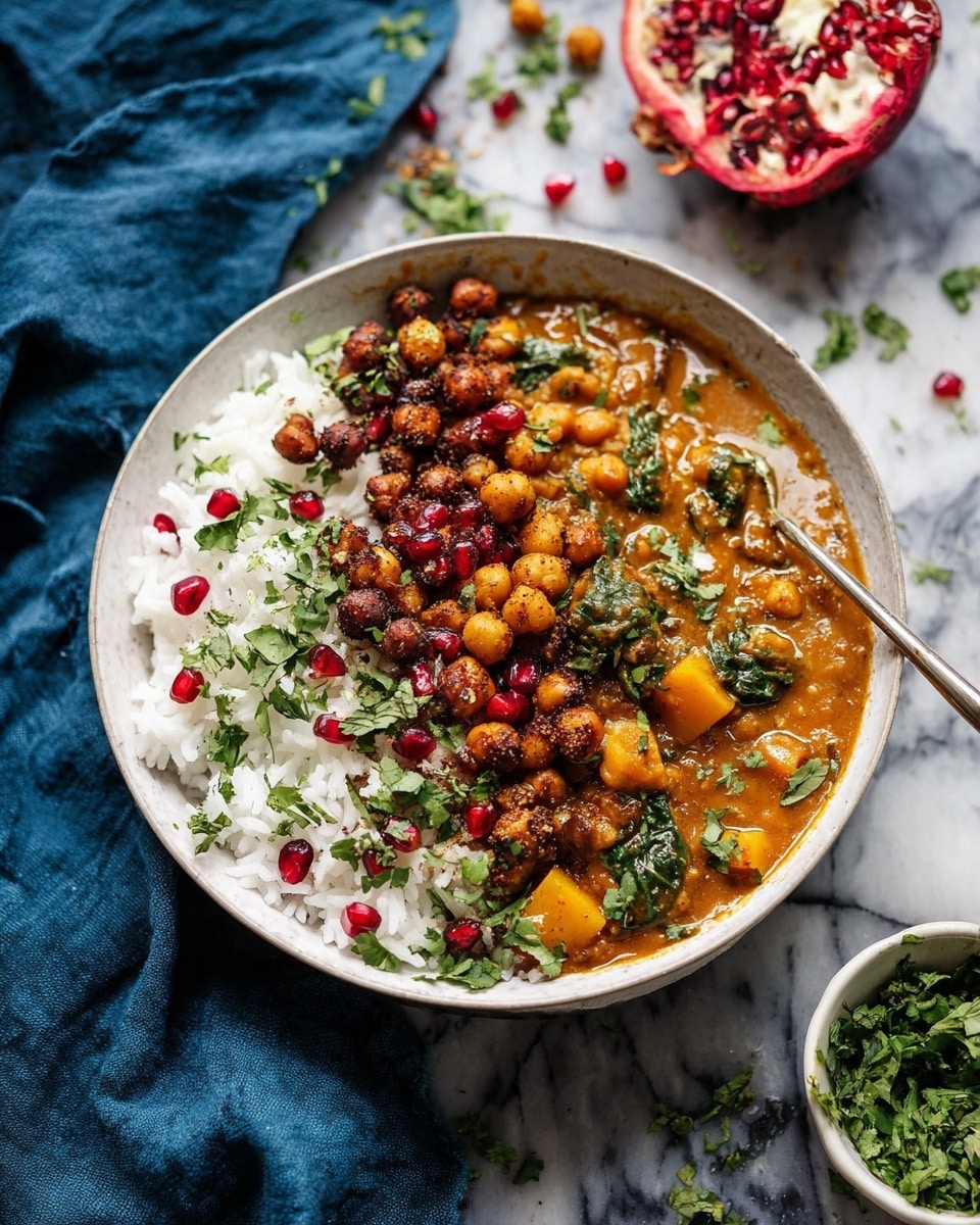 A shallow white bowl holds a warm, layered dish on a white marbled surface. On one side, a mound of soft, white rice sits topped with crispy, dark brown chickpeas and scattered green chopped herbs. The other side has a rich, orange-brown stew with visible lentils, chunks of yellow vegetables, and green leafy herbs mixed in. Bright red pomegranate seeds add spots of color over both rice and stew. A vintage silver spoon is in the stew side, dipping into the layers. Around the bowl, loose herbs and chickpeas are scattered, with a half pomegranate at the top right and a small white bowl of green herbs at the bottom right. A deep blue cloth is placed to the left. Photo taken with an iphone --ar 4:5 --v 7