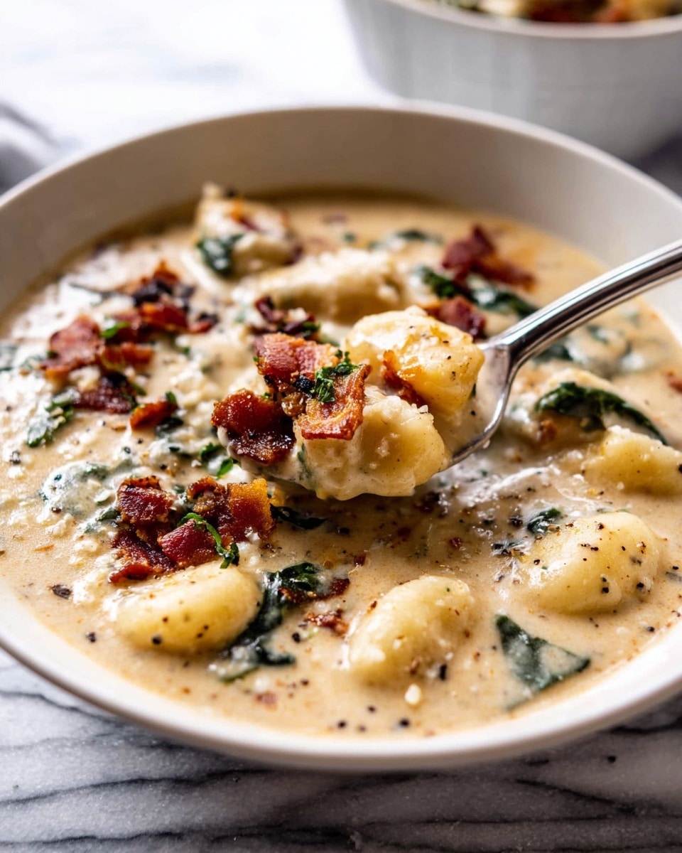 A white bowl filled with creamy soup showing three main layers: a pale yellow creamy broth base, visible pieces of gnocchi shaped like small ridged pillows scattered throughout, and crispy brown bacon chunks sprinkled on top along with fresh green herb leaves. There are also small bits of dark green leafy vegetables mixed inside the soup. A silver spoon rests inside the bowl, and a piece of torn bread sits on the white marbled surface underneath, with a grey-striped cloth underneath the bowl. Photo taken with an iphone --ar 4:5 --v 7