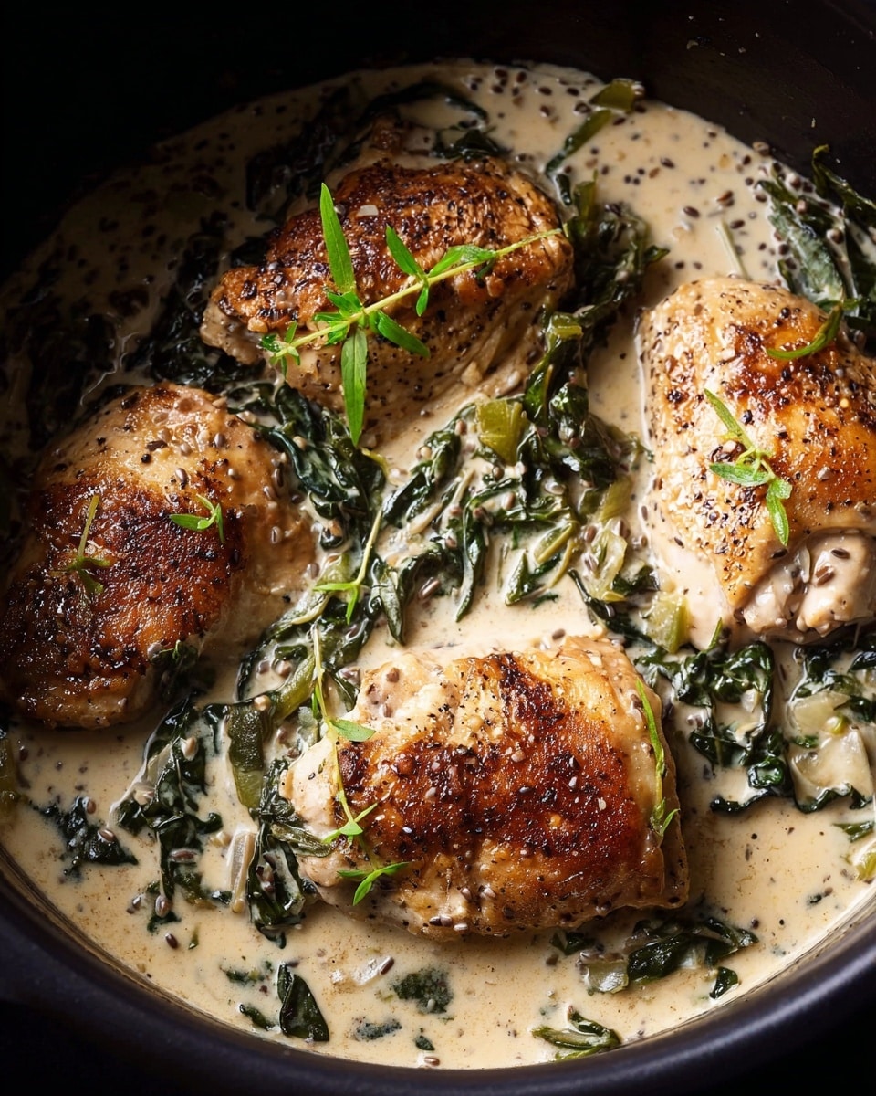 In a black cooking pot, there are four browned pieces of chicken partially covered in a creamy beige sauce with whole grain mustard seeds scattered throughout. Dark green leafy vegetables are mixed into the sauce, adding texture and color contrast. Small green herb sprigs are placed on top of the chicken pieces, giving a fresh look. The sauce looks smooth and slightly thick, pooling around the chicken and vegetables. photo taken with an iphone --ar 4:5 --v 7