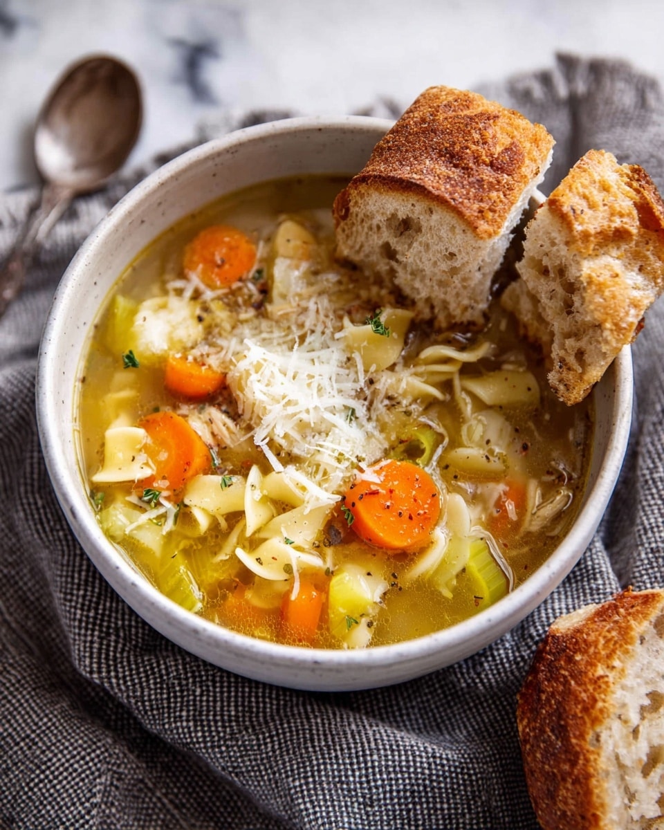 A bowl of clear golden broth soup with visible pieces of orange carrot, light green celery, white dumplings, and small bits of herbs floating inside, topped with thin white cheese shavings. The soup is in a white bowl placed on a grey striped cloth on a white marbled surface. On the left side, there is a round brown loaf of bread. Two woman's hands are holding pieces of broken brown bread above the bowl. A spoon with an ornate handle is inside the bowl on the upper right edge. photo taken with an iphone --ar 4:5 --v 7