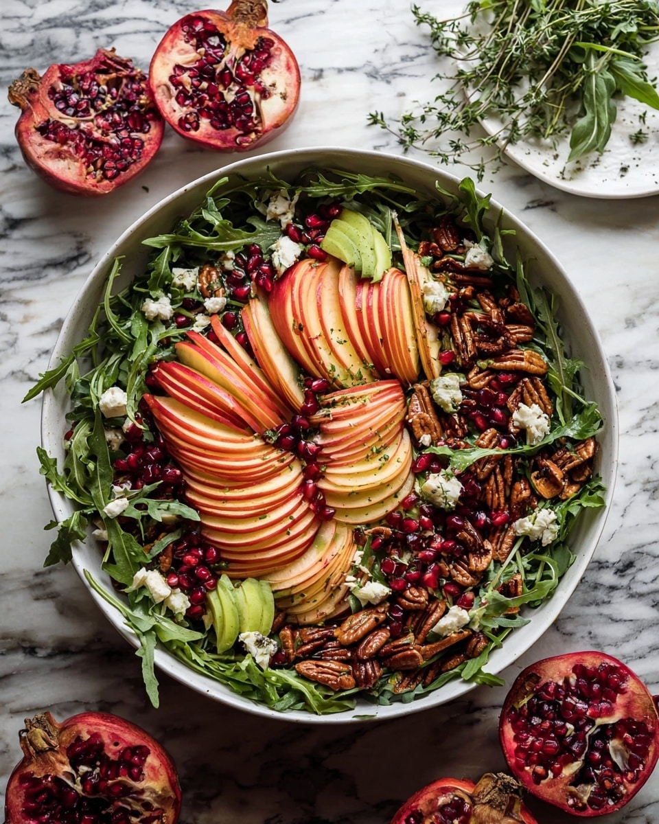 A large white bowl filled with a fresh salad layered with bright green arugula leaves at the base, followed by thinly sliced red and white apples arranged in neat, overlapping stacks on top. Scattered throughout are small red pomegranate seeds, small chunks of green avocado, and creamy white crumbled cheese. There are also toasted brown pecans and pumpkin seeds sprinkled evenly around, adding texture. A few golden brown dried fruit pieces are spread within the salad. A wooden spoon rests inside the bowl at the front, partially covered by the salad. The bowl is set on a rustic wooden surface with part of a halved pomegranate nearby. Photo taken with an iphone --ar 4:5 --v 7