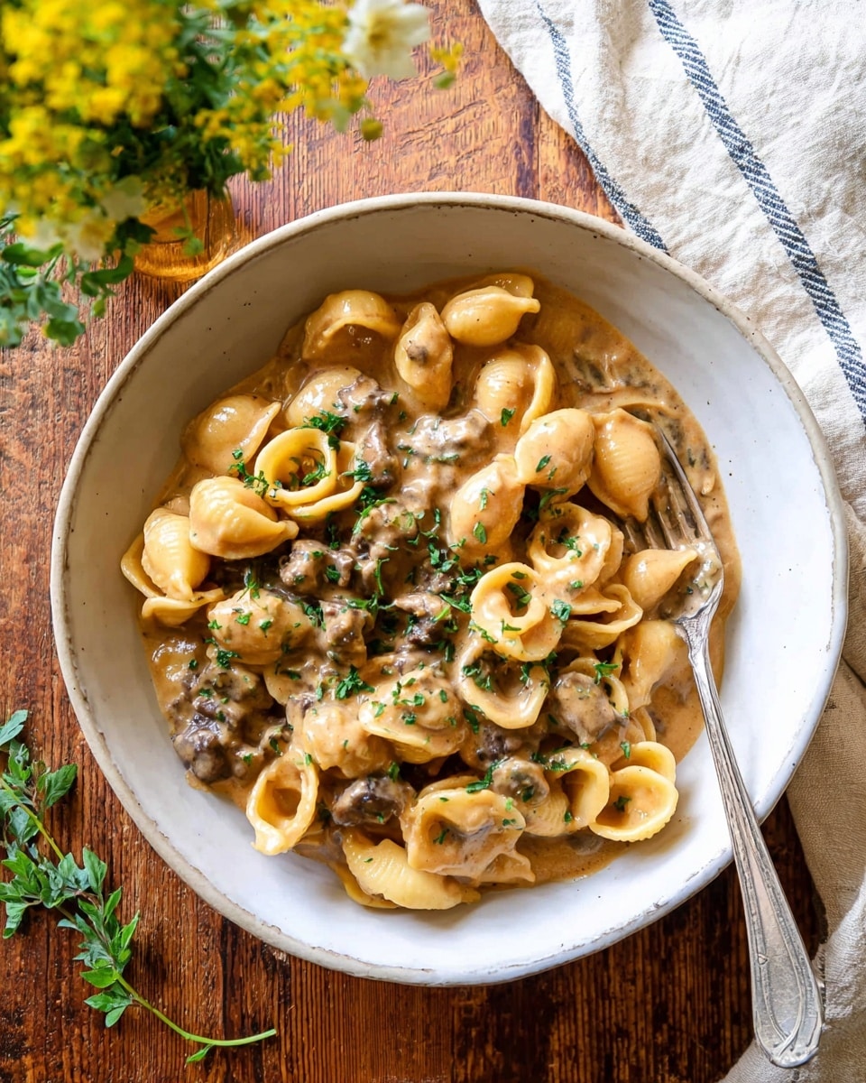 A large white pot filled with a creamy, light brown sauce pasta dish with shell-shaped pasta and small pieces of ground meat mixed in. The sauce is thick and smooth, coating the pasta evenly. Small green herb leaves are scattered on top, adding a fresh touch. A silver spoon is partially submerged in the pasta on the right side. The pot is resting on a wooden surface with a white cloth nearby, and the background shows a white marbled texture table with a glass of water and a white plate with green herbs. photo taken with an iphone --ar 4:5 --v 7