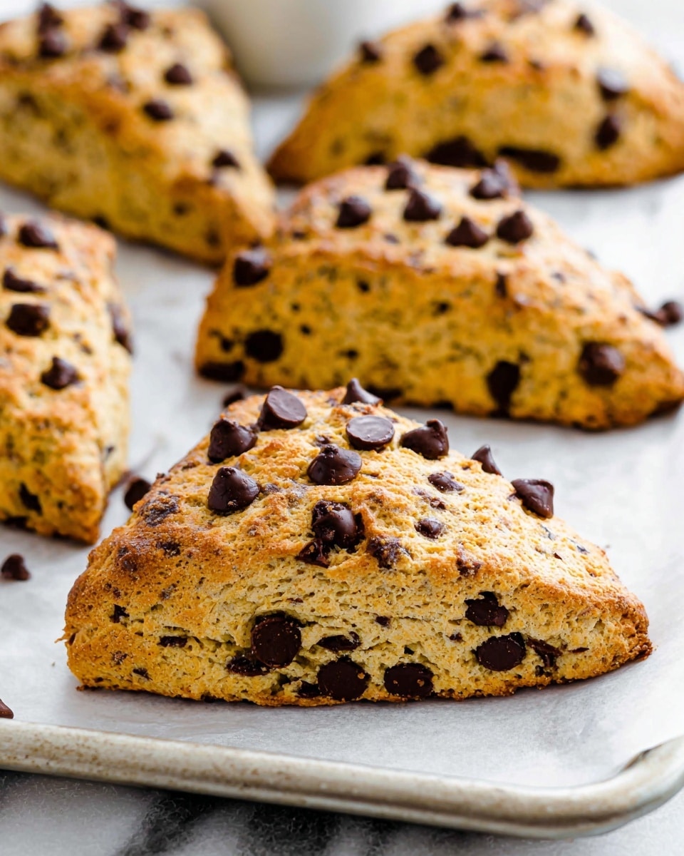 The image shows several chocolate chip scones arranged on white parchment paper inside a baking tray. Each scone has a golden-brown texture with a slightly crumbly surface and is dotted with many dark chocolate chips, both on top and inside. The scones are triangular and thick, with some cracks visible on their top layers, showing a soft interior. The background features a white marbled texture. photo taken with an iphone --ar 4:5 --v 7