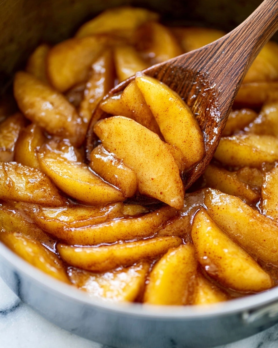 A close-up view of a white cast iron pot filled with cooked apple slices and cinnamon sticks. The apple slices are soft, golden-brown, and glossy, showing a light caramelized coating. The cinnamon sticks are long and brown, mixed evenly among the apple slices. The pot has a blue handle and rests on a white marbled surface with three whole apples (red, green, and red-green) around the pot. Photo taken with an iphone --ar 4:5 --v 7