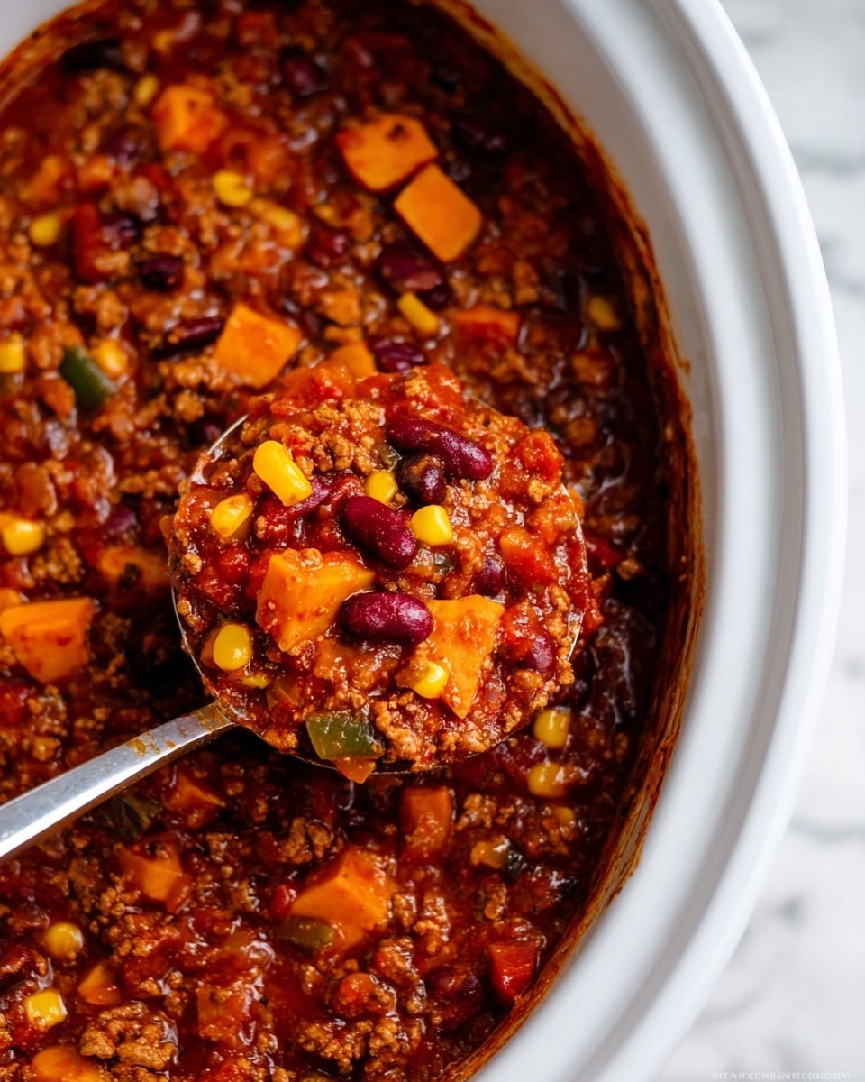 A white bowl holds a thick chili with visible layers including reddish-brown cooked ground meat, bright yellow corn kernels, dark red kidney beans, and small orange sweet potato chunks, all in a rich red tomato sauce. On top, there is a dollop of white sour cream with fresh green sliced scallions and chopped cilantro sprinkled lightly. A spoon with a wooden handle rests inside the bowl. The bowl is placed on a white marbled surface next to a brown cloth with two metal spoons. Nearby, a wooden board holds a small white bowl of green scallions and a bowl of sour cream. A clear glass of water is also visible above. photo taken with an iphone --ar 4:5 --v 7