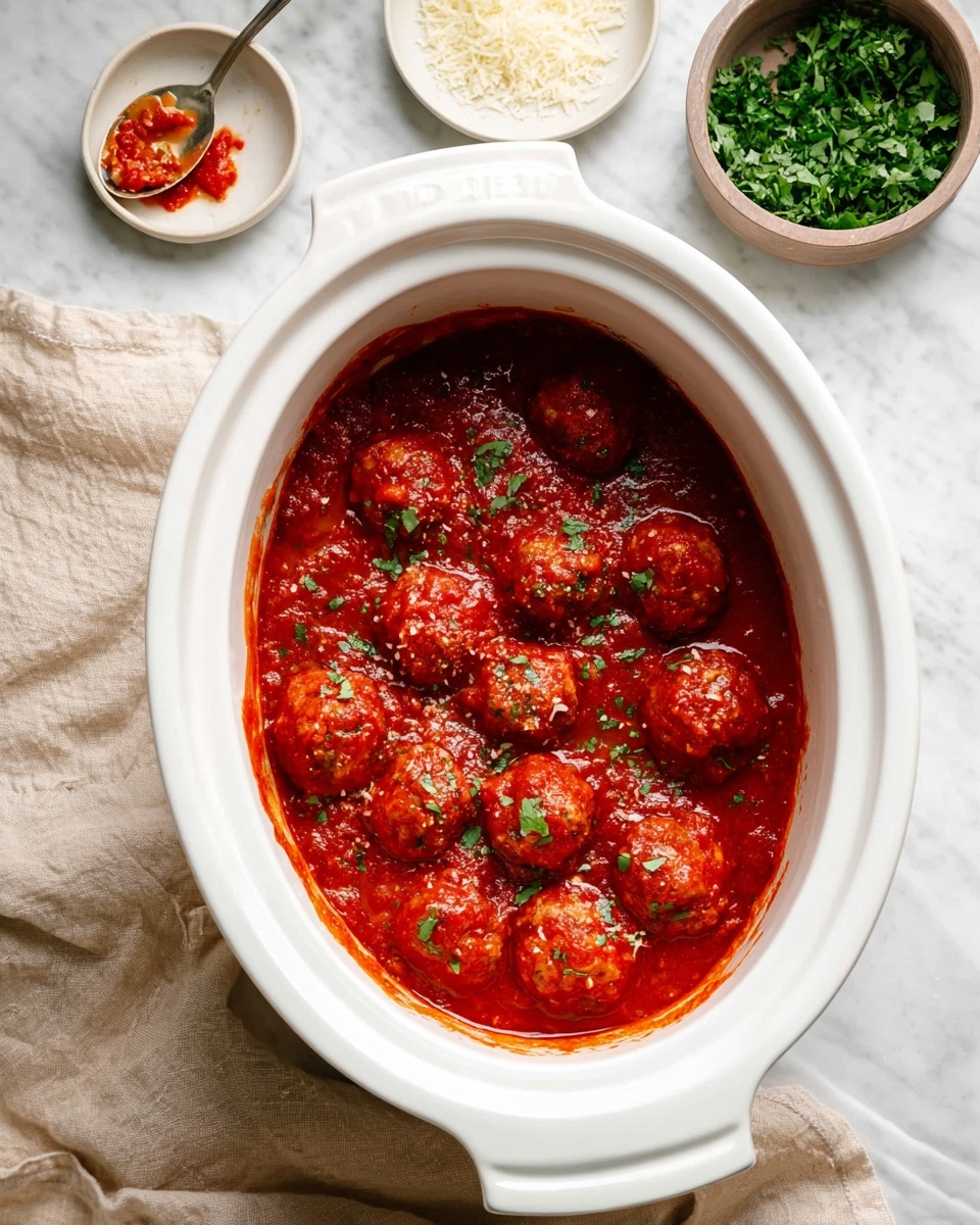 A white plate holds a base layer of light brown spaghetti noodles arranged loosely in a circular shape. On top of the noodles is a bright red tomato sauce that spreads unevenly over the spaghetti. Four round meatballs sit on top of the sauce, three whole and one sliced in half, showing a beige soft inside. Green herb bits are sprinkled over the dish. A fork with a silver head and a wooden handle rests on the plate's edge near the noodles. The scene is set on a white marbled surface photo taken with an iphone --ar 4:5 --v 7