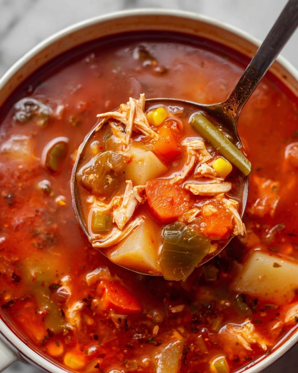 A white bowl filled with rich, red tomato soup showing many visible ingredients like pieces of tender chicken, green and yellow peppers, corn, and small herbs floating on top, creating a mix of textures and colors within the liquid. The soup has a slightly glossy surface with bits of vegetables and meat distributed evenly, and a metallic spoon resting inside on the right side. In the background, there are golden muffins resting on white paper liners placed on a white plate against a white marbled surface. A small bunch of fresh parsley is near the bowl at the bottom left corner. photo taken with an iphone --ar 4:5 --v 7