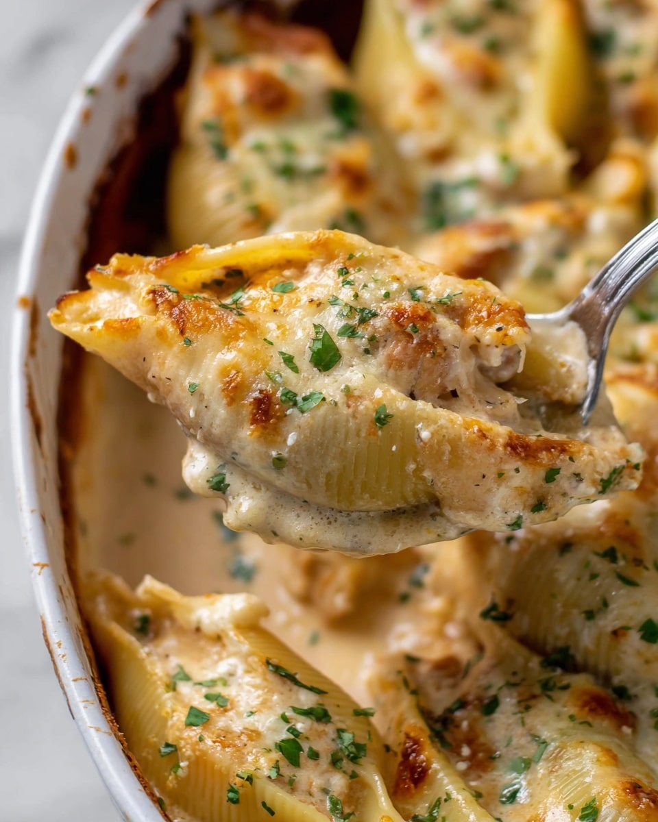 A close-up view of a baked dish showing layers of stuffed pasta shells covered with melted cheese that has browned in spots, creating a golden top texture. The shells are coated with a creamy sauce and sprinkled with light brown breadcrumbs and finely chopped fresh green herbs scattered across the surface. The pasta looks soft and tender with some areas slightly crisp from baking, sitting on a white marbled surface. photo taken with an iphone --ar 4:5 --v 7