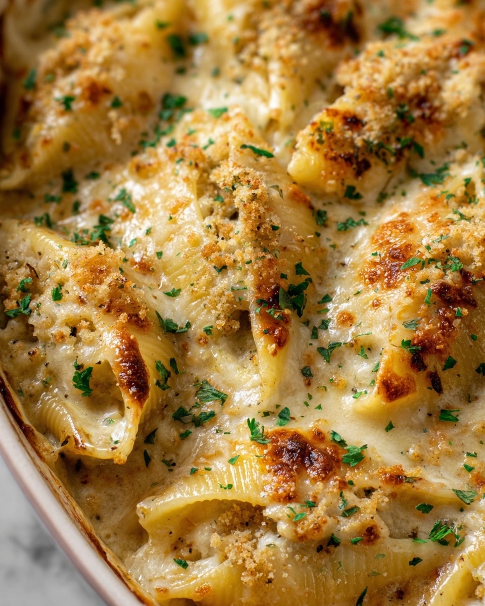 A close-up view shows a spoon lifting a large shell pasta filled with creamy, light beige cheese mixture, topped with melted golden brown cheese and sprinkled green herbs. The pasta surface has a soft, slightly crispy texture with small browned spots. Surrounding the spoon, more stuffed shells lay in a white dish filled with smooth, light cream sauce, also garnished with finely chopped herbs that add bright green specks on the warm cheese. The dish edges have a rustic look with some browned cheese residue, all placed on a white marbled surface. Photo taken with an iphone --ar 4:5 --v 7