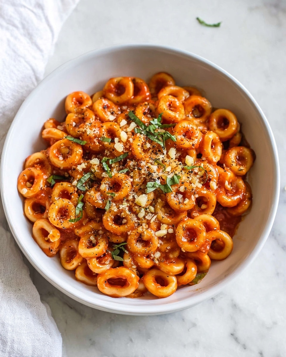 A white bowl filled with small ring-shaped pasta coated in a rich red tomato sauce, topped with light yellow grated cheese and small green herb leaves scattered on top. A silver spoon is slightly resting inside the bowl on the right side. The bowl is placed on a white marbled surface with a white cloth partially visible in the top left corner. The pasta looks well mixed, with the sauce giving the rings a glossy, smooth texture. Photo taken with an iphone --ar 4:5 --v 7
