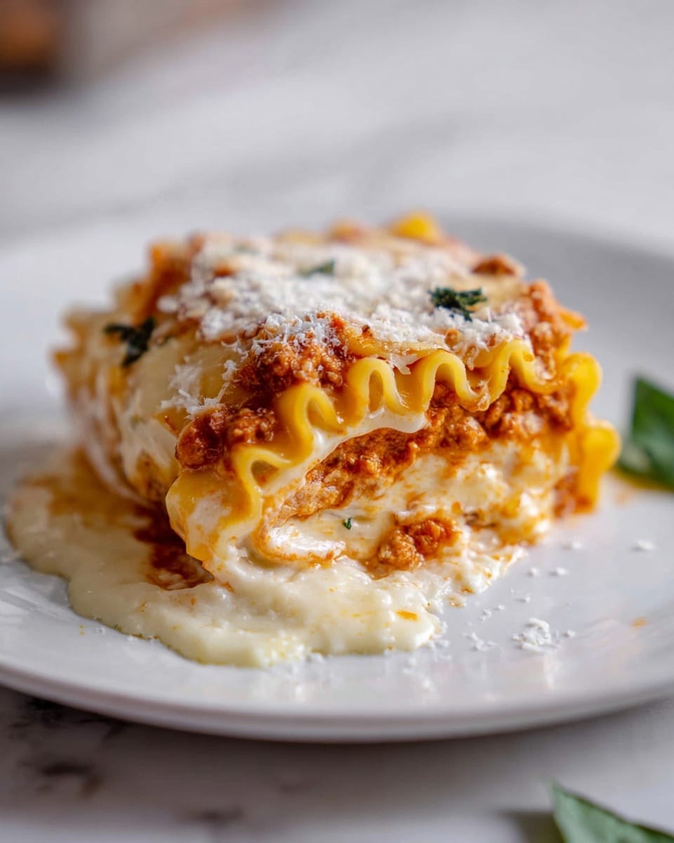 A single piece of lasagna sits in the center of a white plate, showing three visible layers of pasta sheets with wavy edges. The bottom layer is a golden-brown sauce with a slightly chunky texture, topped by a creamy white cheese layer with browned spots. The top pasta layer is covered by melted mozzarella cheese with browned bubbles and a sprinkling of grated parmesan cheese. A small green leaf is placed on top for garnish, and more grated cheese is scattered around the plate. The plate rests on a white marbled surface. Photo taken with an iphone --ar 4:5 --v 7