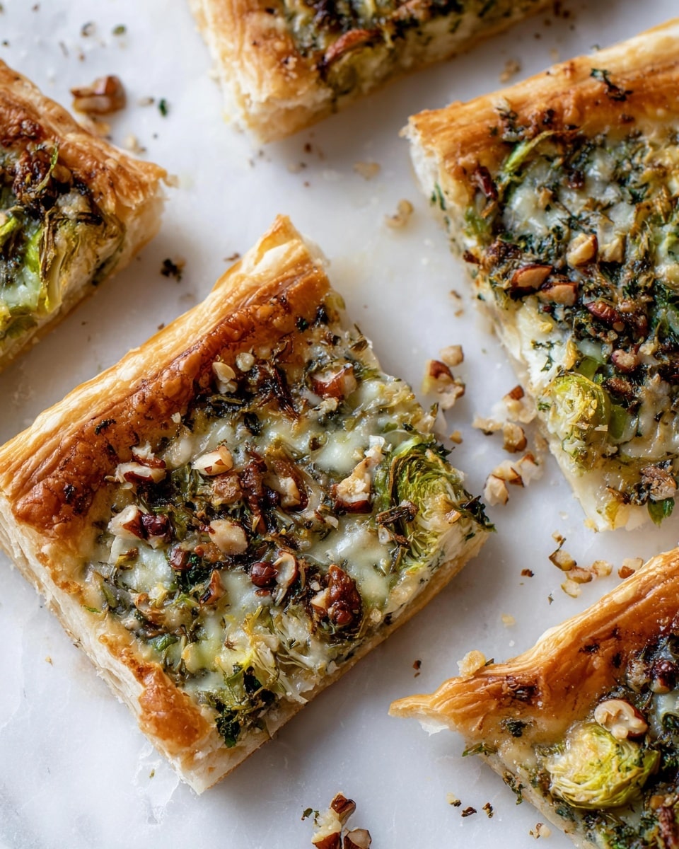 A rectangular puff pastry tart sits on white parchment paper over a baking sheet, placed on a white marbled surface. The tart shows one main layer of golden-brown puff pastry crust, which is thick and flaky with puffed edges rising slightly around the tart. The filling spread evenly inside the crust consists of melted creamy white cheese mixed with sautéed green and slightly crispy Brussels sprout pieces along with small brown bits that look like chopped nuts or mushrooms, adding texture and color contrast. The filling has a slightly browned top where the cheese melted and cooked together with the vegetables and nuts. Photo taken with an iphone --ar 4:5 --v 7