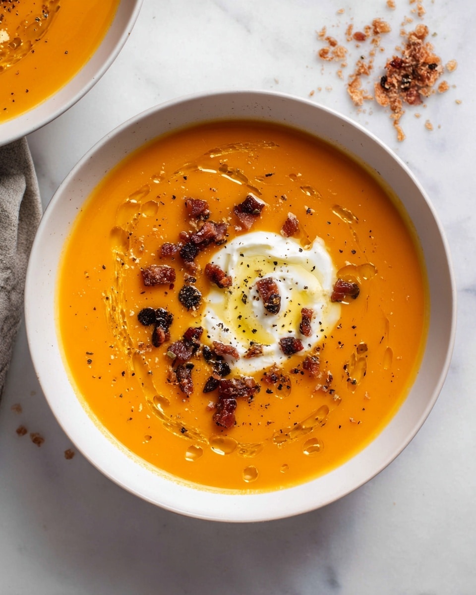 A smooth orange soup fills a white bowl, topped with scattered small dark brown chunks and drizzles of golden oil. In the center, a dollop of white cream contrasts with the orange soup and has a little golden oil on it as well. There are some black specks of ground pepper sprinkled lightly across the surface. The bowl sits on a white marbled surface with some crumbs nearby, adding texture and depth to the scene. The photo taken with an iphone --ar 4:5 --v 7