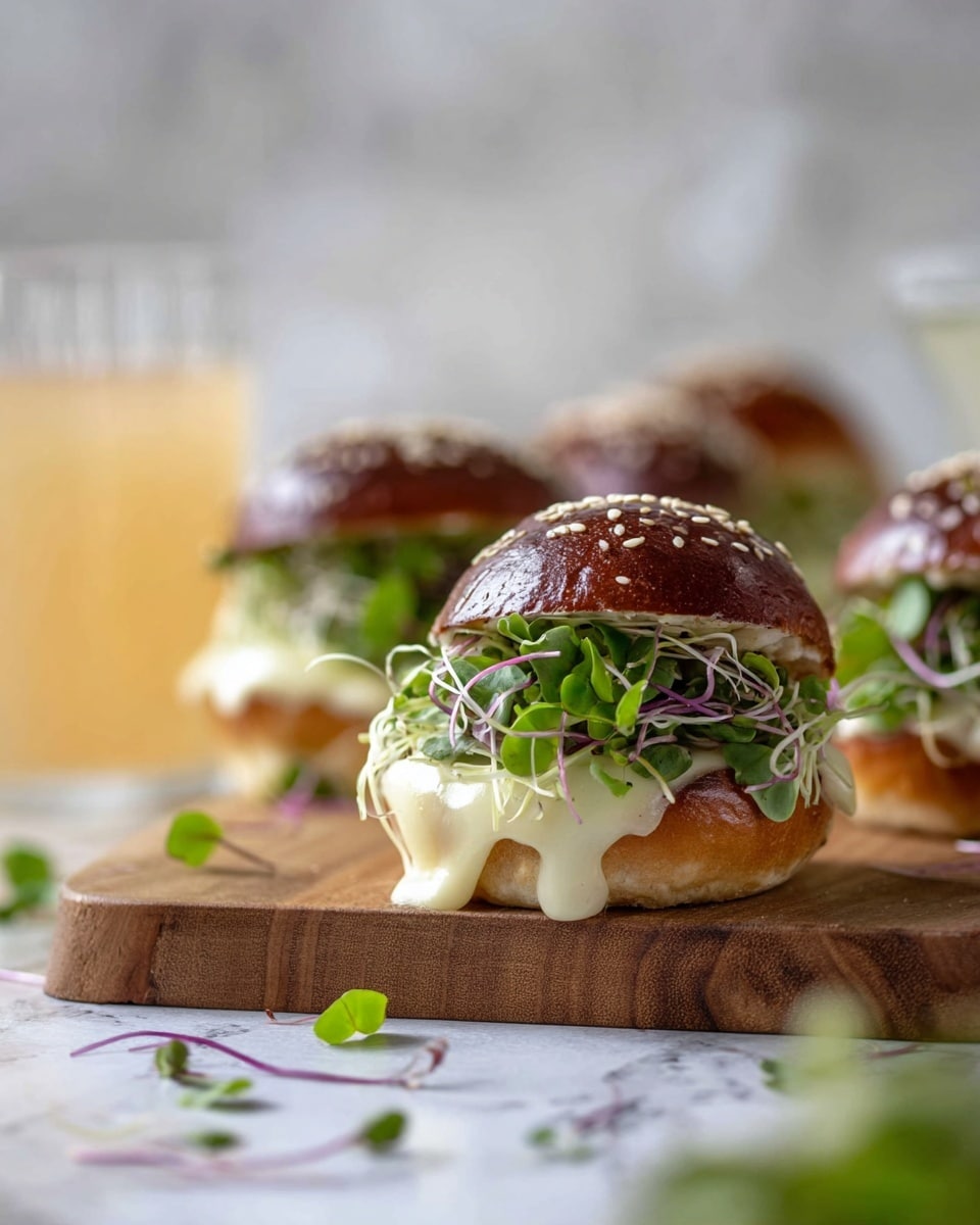 The image shows two small sandwiches on a brown textured baking tray placed on a white marbled surface. Each sandwich has a shiny, golden-brown pretzel bun with a cross shape on top, sprinkled with sesame seeds and black poppy seeds. Under the buns, there are fresh green microgreens peeking out. The sandwiches appear layered with some sort of filling hidden below the microgreens. Scattered microgreens and a small white dish with a creamy sauce are also visible on the white marbled surface near the tray. photo taken with an iphone --ar 4:5 --v 7
