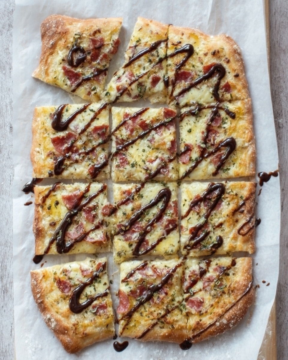The image shows a square piece of pizza on a white marbled surface with some other pieces around it. The pizza has a light golden crust base with a layer of creamy white cheese melted evenly on top. There are scattered pieces of tomato and some green herbs visible on the cheese layer. Dark brown drizzle lines of sauce cross the pizza in a diagonal pattern, adding contrast. The texture of the cheese looks soft and slightly browned in spots, giving a cooked appearance. photo taken with an iphone --ar 4:5 --v 7