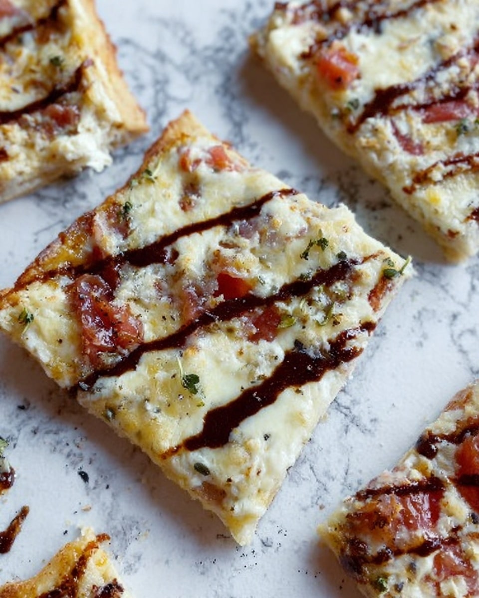 The image shows a rectangular pizza with a golden brown crust on white parchment paper, placed on a white marbled surface. The pizza is sliced into 12 uneven rectangular pieces arranged in a 3 by 4 grid. The top layer consists of melted pale yellow cheese mixed with small pieces of pink ham and some green herbs spread evenly. Drizzled over the pizza is a dark brown sauce in loose, looping lines, adding contrast to the light toppings. The edges of the crust appear thick and slightly puffed with a light dusting of flour. photo taken with an iphone --ar 4:5 --v 7