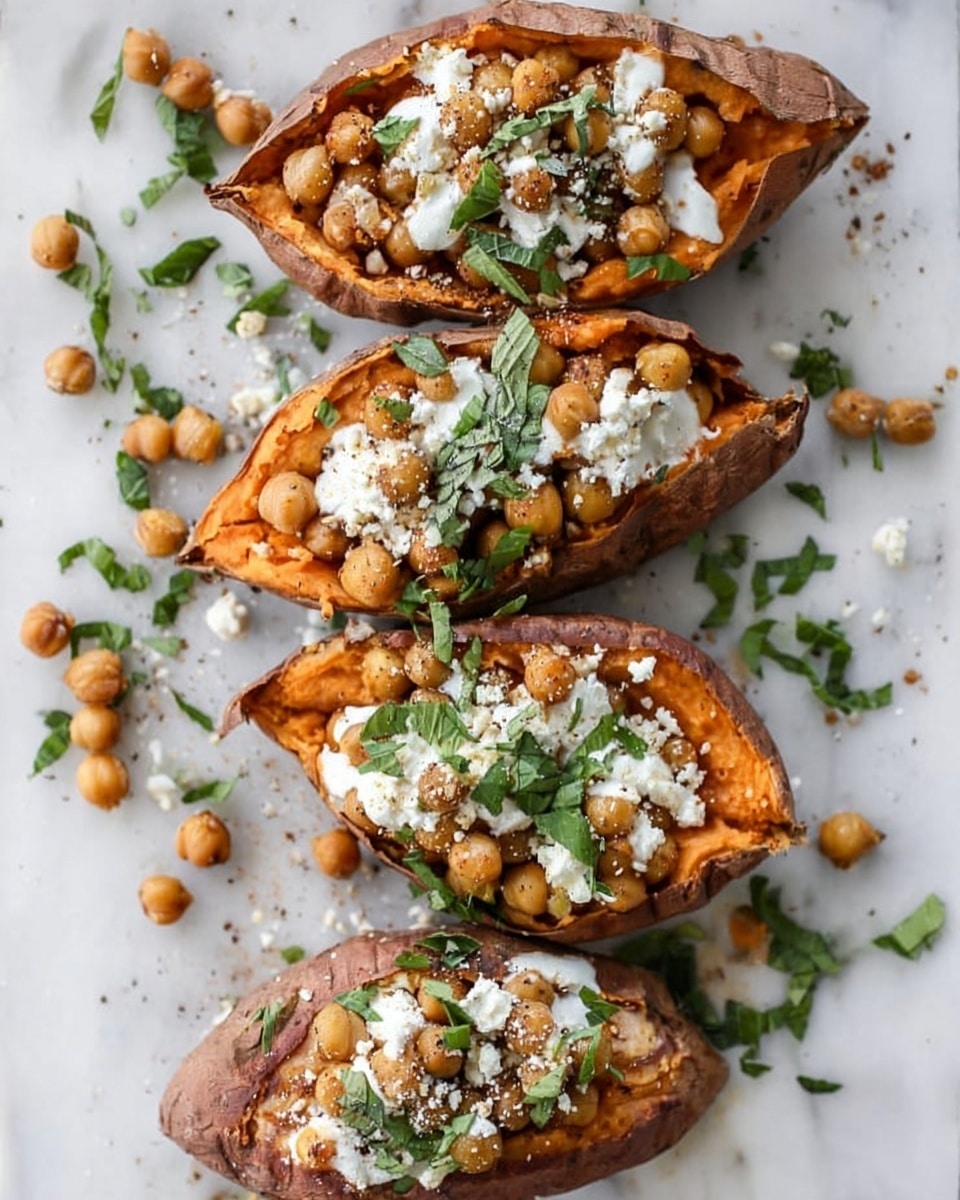 The image shows four baked sweet potatoes placed on a white parchment paper on an old metal tray with worn spots, set on a white marbled surface. Each sweet potato is cut open and filled with a layer of golden-brown roasted chickpeas, topped with dollops of white creamy sauce, crumbled white cheese, and finely chopped green herbs sprinkled over the top. Some chickpeas and herbs are scattered around on the parchment paper, adding a natural, casual look. The overall colors are warm with orange-brown sweet potato skins, golden chickpeas, bright white sauce and cheese, and fresh green herbs. Photo taken with an iphone --ar 4:5 --v 7