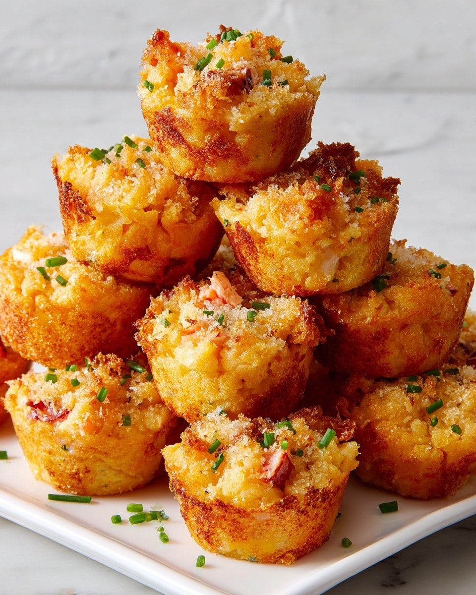 The image shows a black muffin tray on a white marbled surface, holding nine small golden brown baked macaroni and cheese cups with crispy breadcrumb tops. Two cups are missing from the tray, leaving two empty round spots with some browned crumbs stuck around the edges. On the marbled surface next to the tray, there are two macaroni cheese cups, one of which is broken open showing creamy macaroni and white cheese inside with a sprinkle of red bits. The edges of the cups are crunchy and browned, and the tops are rough and golden, showing the baked cheese texture. Photo taken with an iphone --ar 4:5 --v 7