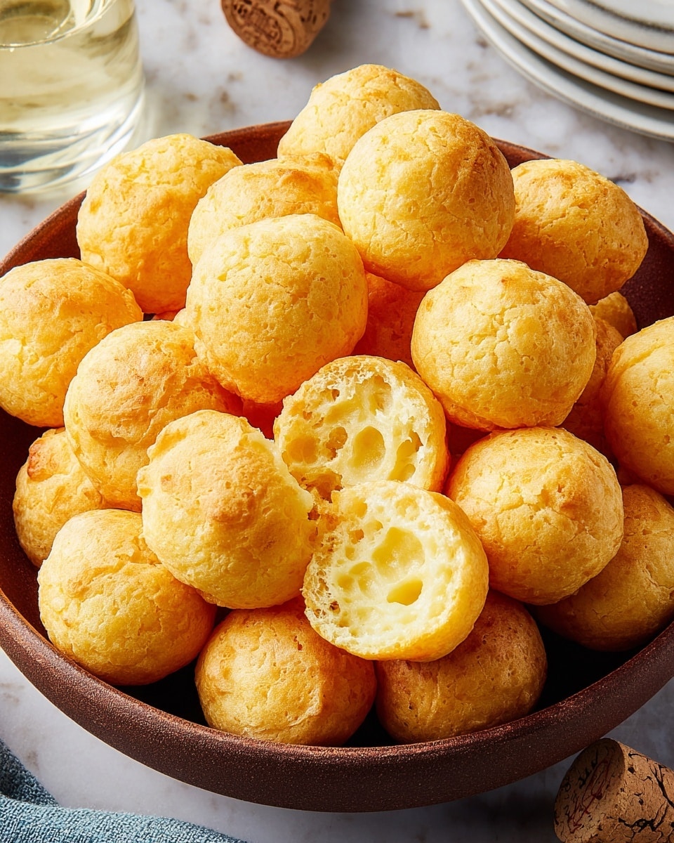 A close-up view of a brown bowl filled with about 30 small, round cheese bread balls that are golden yellow with a slightly crispy outer layer and soft, airy insides, with one cheese ball broken open to show the light, hollow texture inside. The bowl sits on a white marbled textured surface, with part of a white plate stack visible on the right and a champagne cork and glass partially seen on the left. Photo taken with an iphone --ar 4:5 --v 7