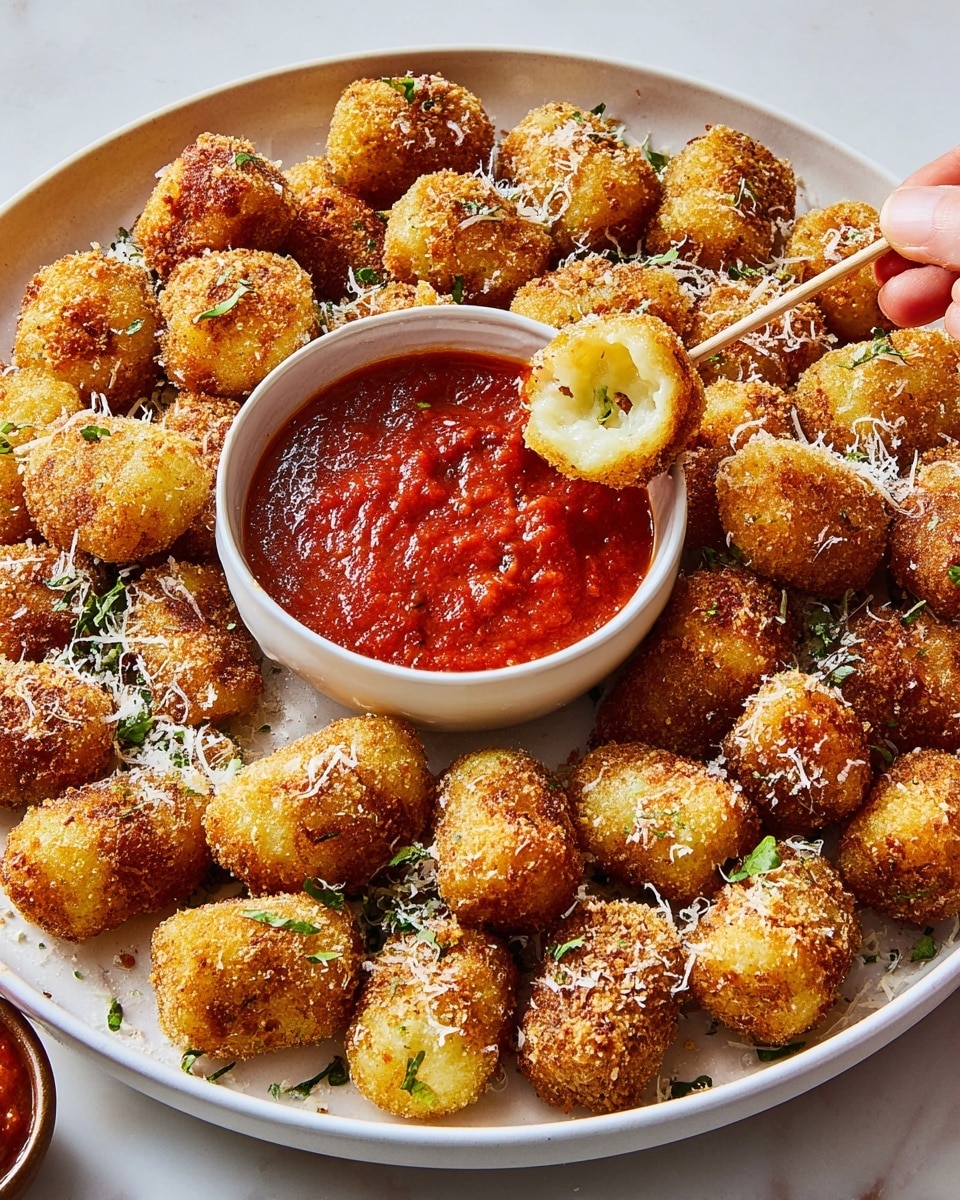 A large white bowl filled with many small, round, golden-brown fried snacks that have a crispy texture and are sprinkled lightly with grated white cheese and green herbs. In the center of the bowl, there is a small white bowl full of chunky red tomato sauce with green herb bits mixed in. A woman's hand holding a wooden stick dips one of the fried snacks into the tomato sauce. Some of the fried snacks are shown with soft, light-colored filling inside. The bowl is placed on a white marbled surface. photo taken with an iphone --ar 4:5 --v 7