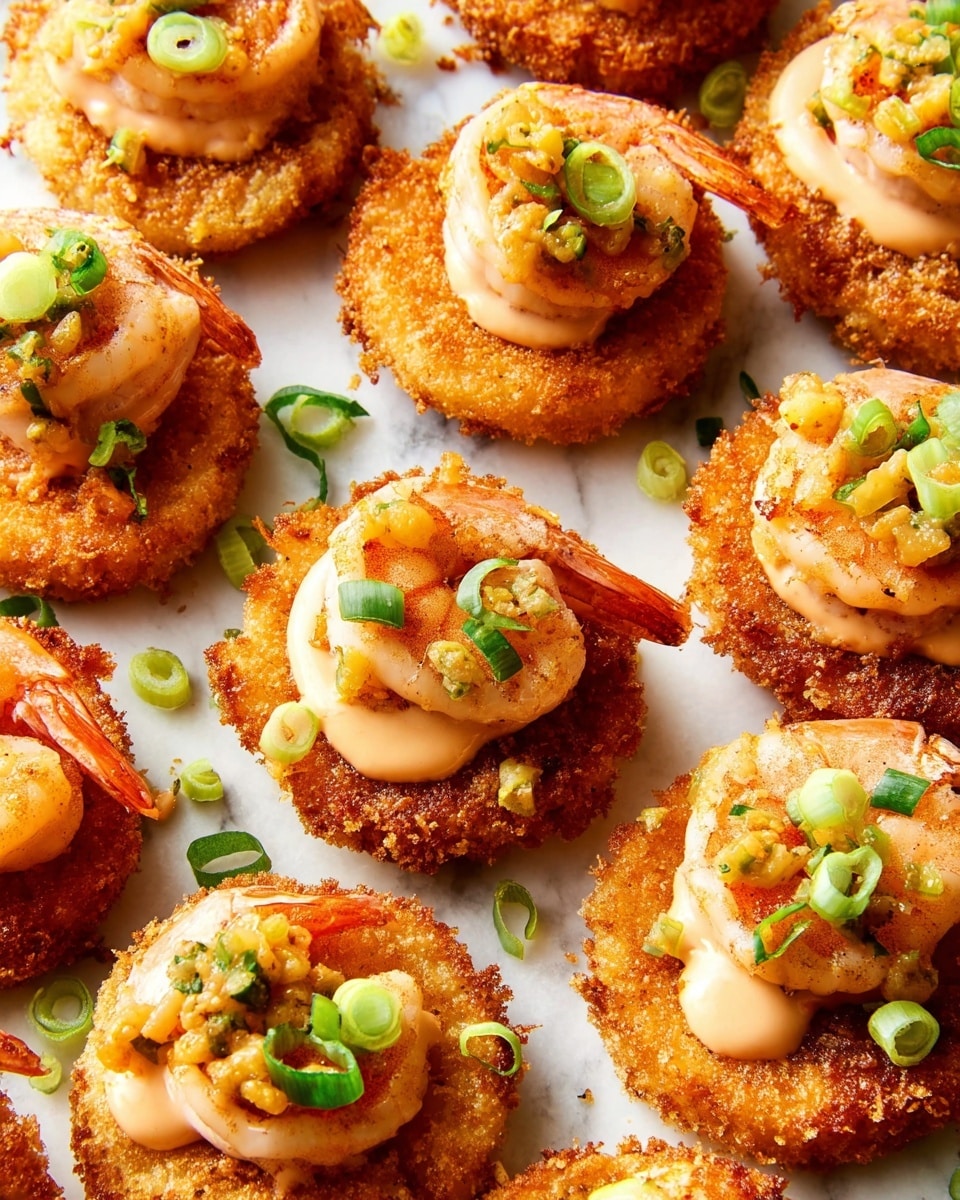 The image shows many small round crispy golden brown patties as the base layer, arranged closely on a white marbled surface. On each patty, there is a cooked pinkish-orange shrimp placed in the center, topped with small diced yellow and green vegetables. A light creamy sauce with a slightly orange tint is drizzled over the shrimp and vegetables. There are fresh green sliced scallions sprinkled on top of each serving, adding a bright contrast. The texture looks crunchy and creamy at the same time. photo taken with an iphone --ar 4:5 --v 7