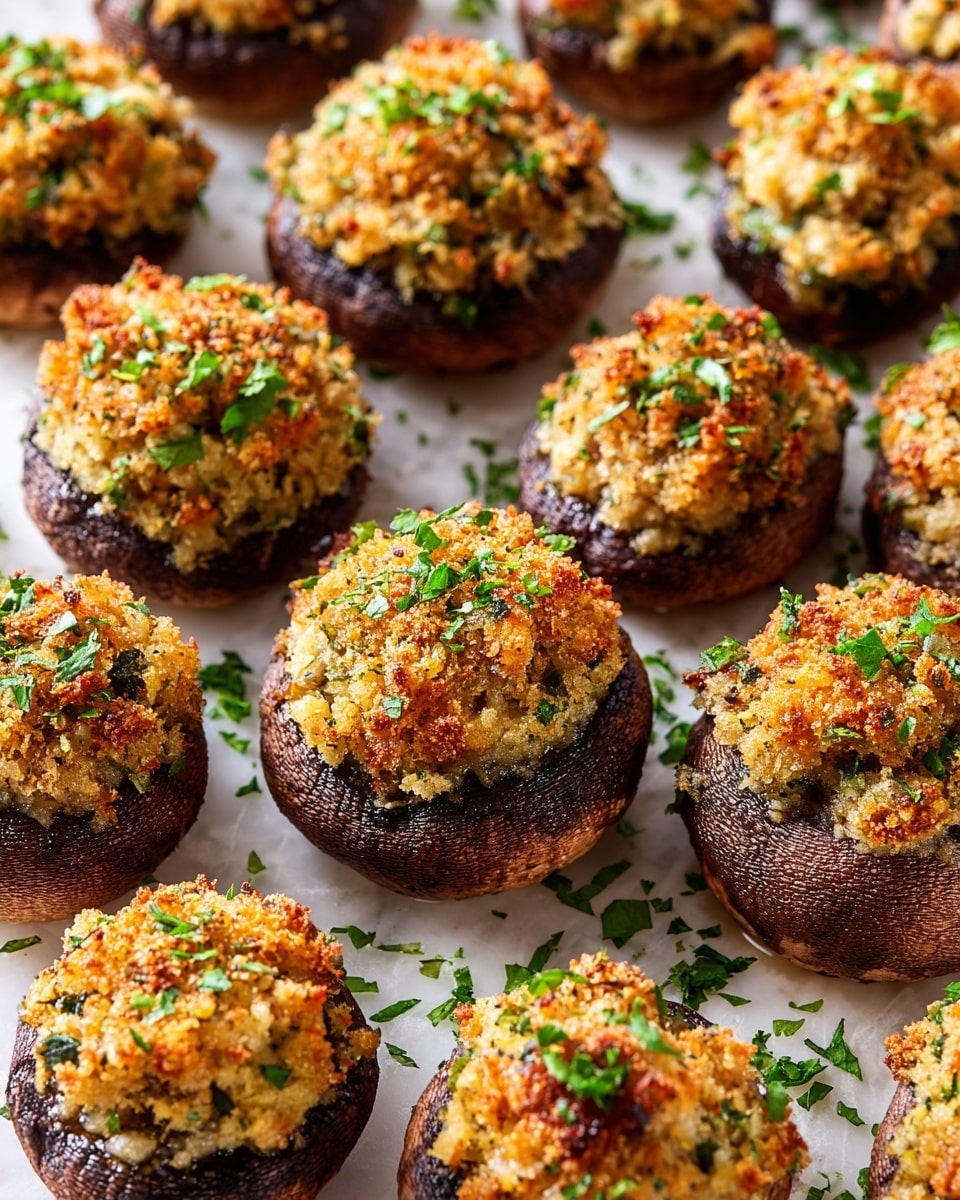 The image shows many stuffed mushrooms arranged closely on a white marbled surface. Each mushroom has a dark brown base with a rough, natural texture and is topped with a thick layer of golden-brown crumbly stuffing mixed with finely chopped green herbs, giving a fresh look. The stuffing looks crunchy and bumpy, with uneven edges spilling over slightly. Small green herb leaves are sprinkled on top and around the mushrooms, adding a fresh contrast. The lighting is bright, highlighting the details and textures of each mushroom stack photo taken with an iphone --ar 4:5 --v 7