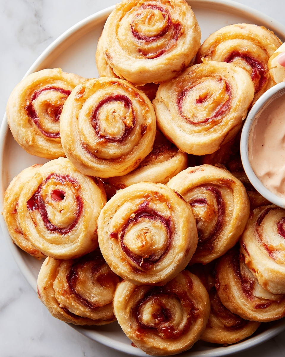 A white plate holds many golden-brown pinwheel snacks arranged around a small white bowl filled with creamy, light orange dipping sauce. Each pinwheel has visible thin layers of light crispy pastry wrapped around red layers of filling, showing a spiral pattern. A woman's hand is lifting one pinwheel, partly dipped in the smooth sauce, showing the swirled layers and melted texture. The background is a white marbled surface. photo taken with an iphone --ar 4:5 --v 7