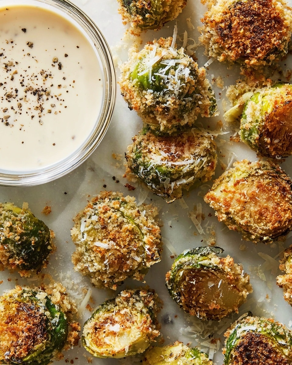The image shows a white plate with crispy, golden-brown fried green pieces, each with a textured breadcrumb coating and small green leaves slightly visible beneath the crust. The pieces are scattered around the plate with crunchy crumbs spread out among them. Near the center of the plate, there is a clear glass bowl filled with a smooth, creamy light beige sauce that has small black pepper flakes sprinkled on the surface. One piece is dipped halfway into the sauce, showing the creamy texture clinging to it. The plate sits on a white marbled surface. photo taken with an iphone --ar 4:5 --v 7