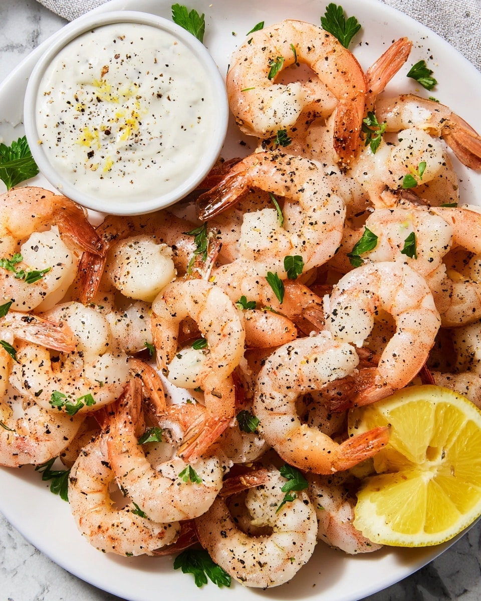 A close-up of a white plate with cooked shrimp arranged in a ring around a small white bowl filled with creamy white dipping sauce, speckled with black pepper and lemon zest. The shrimp are pink and white with some black pepper on them, and a few green parsley leaves are scattered on top and around. A wedge of lemon rests on the plate beside the bowl. One shrimp is dipped into the sauce and hanging over the bowl’s edge. The background surface is white marble. Photo taken with an iphone --ar 4:5 --v 7