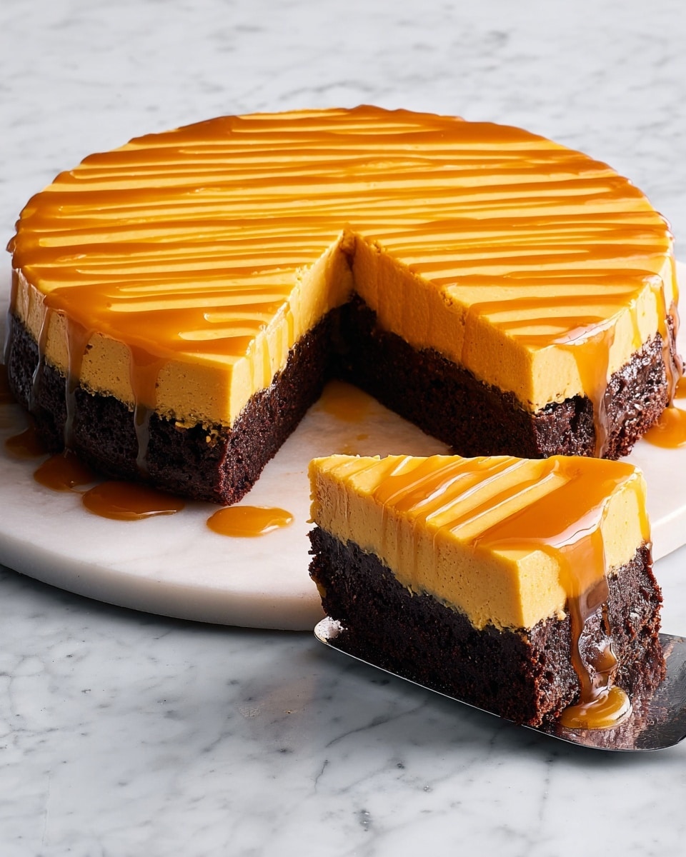 A round cake sits on a white marble textured surface, featuring two distinct layers: the bottom layer is dark brown with a rich, dense texture, while the top layer is thick and smooth with a bright orange color resembling pumpkin or sweet potato. The top layer is decorated with diagonal stripes of a darker orange sauce drizzled evenly across. One slice is taken out, placed beside the cake, showing the clear layers and the sauce drizzle continuing on the slice. The overall look is neat and vibrant, emphasizing the contrast in colors and textures. Photo taken with an iphone --ar 4:5 --v 7