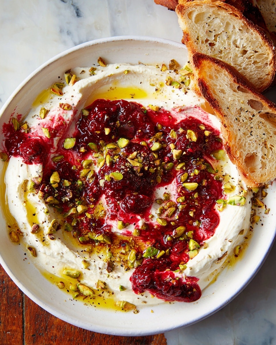 A white plate on a white marbled surface holds a layered dish with a base of creamy white cheese spread thickly and unevenly. On top, there are vibrant, chunky red fruit preserves arranged in clusters over the cheese, with golden honey drizzled around the edges. Scattered over everything are small pieces of chopped green pistachios. Surrounding the plate, there are slices of toasted bread with a golden-brown crust and a porous texture, some stacked, some lying flat. photo taken with an iphone --ar 4:5 --v 7